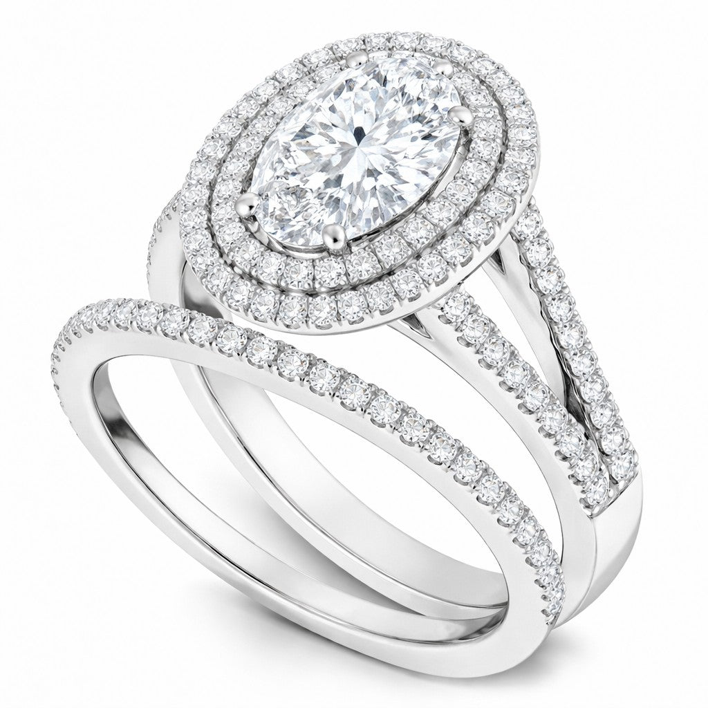 JeenMata 2.75 Carat Brilliant Cut Moissanite Double Halo Split Shank Engagement Ring Set in 18K White Gold Plated for Women
