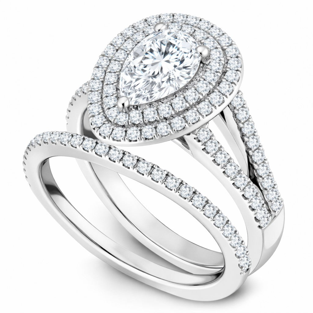 JeenMata 2.75 Carat Brilliant Cut Moissanite Double Halo Split Shank Engagement Ring Set in 18K White Gold Plated for Women