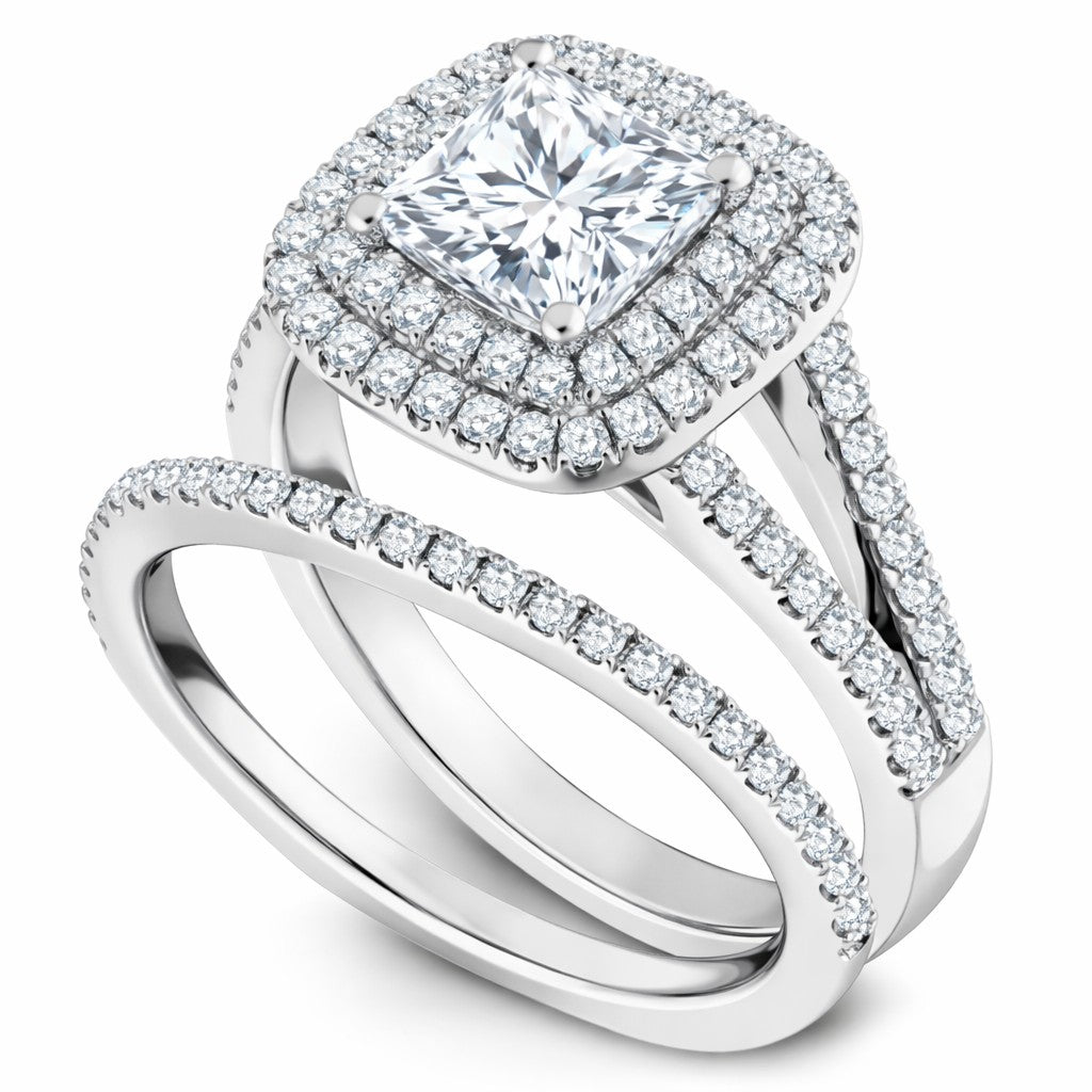 JeenMata 2.75 Carat Brilliant Cut Moissanite Double Halo Split Shank Engagement Ring Set in 18K White Gold Plated for Women