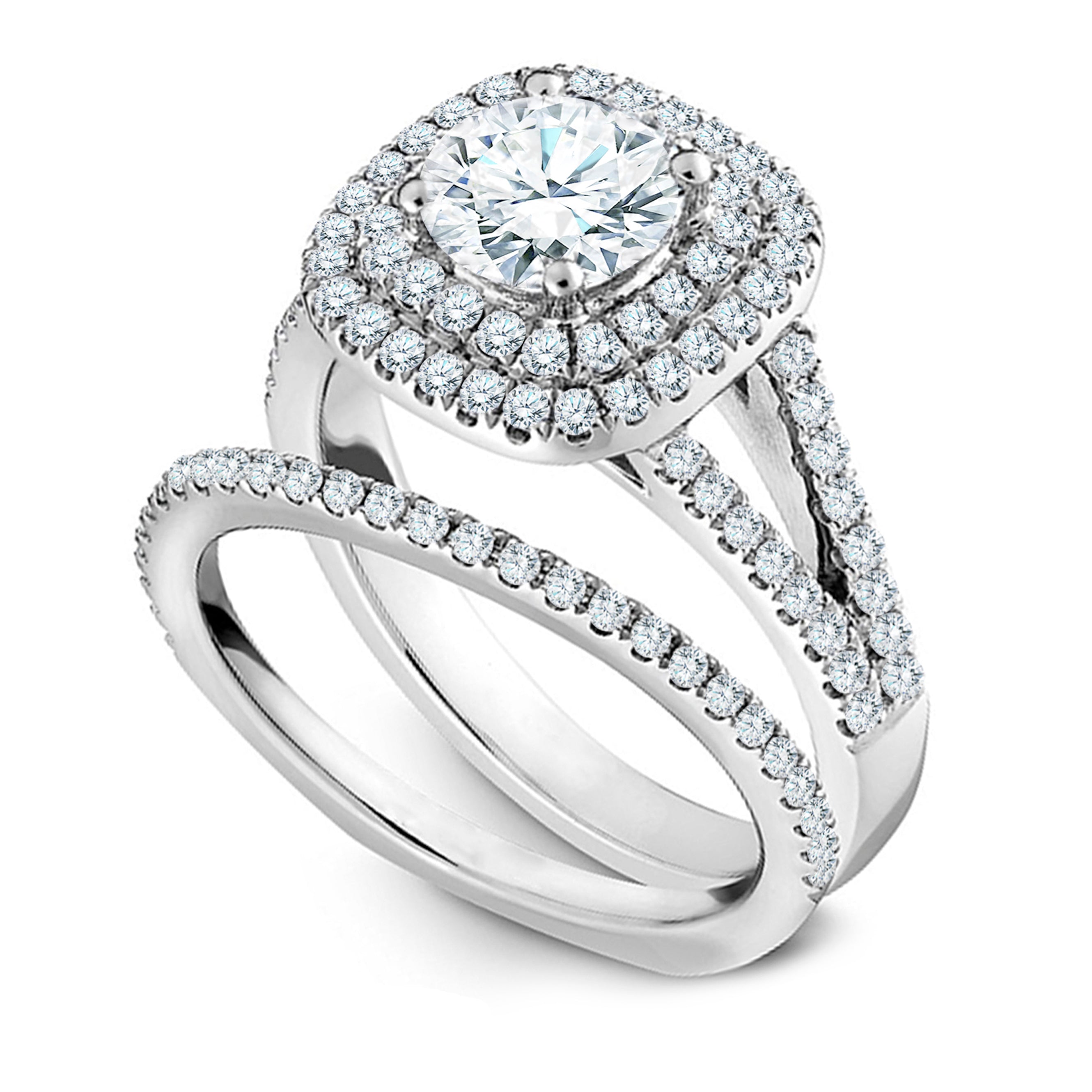 JeenMata 2.75 Carat Brilliant Cut Moissanite Double Halo Split Shank Engagement Ring Set in 18K White Gold Plated for Women