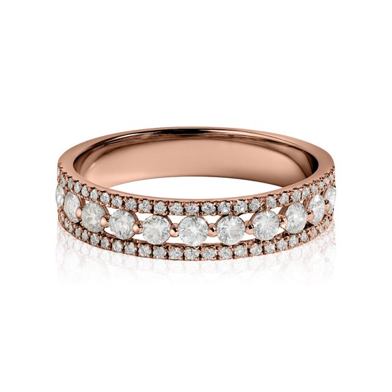 JeenMata Double Pave - 0.75 Carat Round Brilliant Cut Moissanite - Eternity Anniversary Ring - 18K Rose Gold Plating for Women