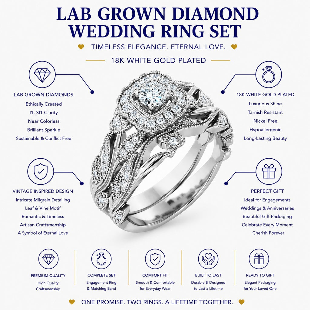 JeenMata Round Cut Lab Grown Diamond - Art Deco Style - Wedding Ring Set in 18K White Gold Plating for Women