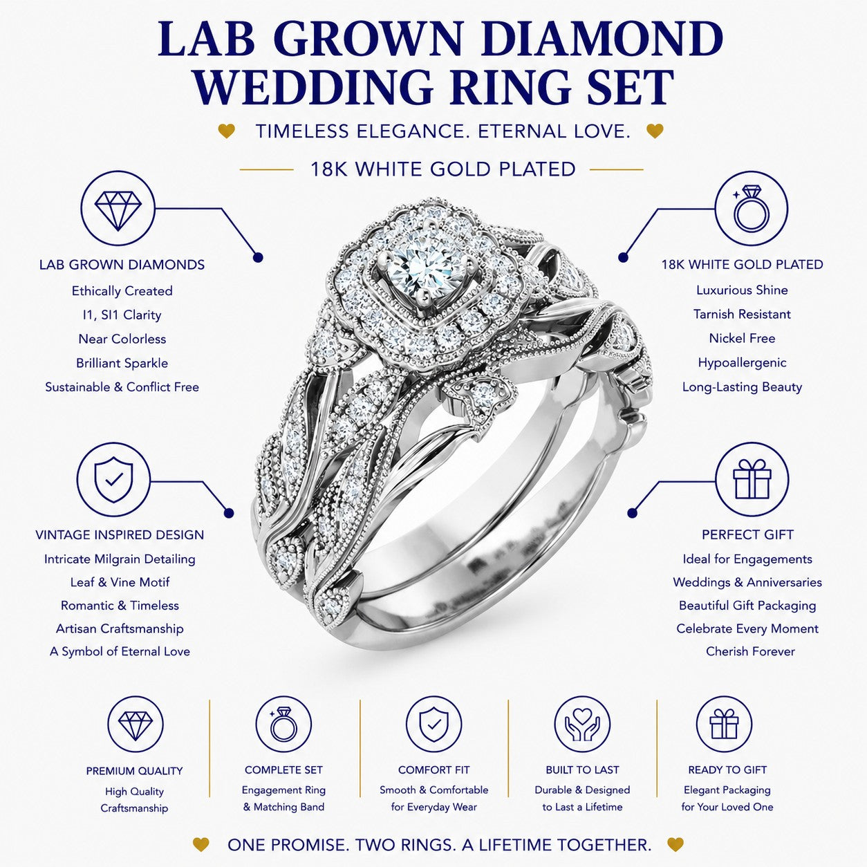 JeenMata Round Cut Lab Grown Diamond - Art Deco Style - Wedding Ring Set in 18K White Gold Plating for Women