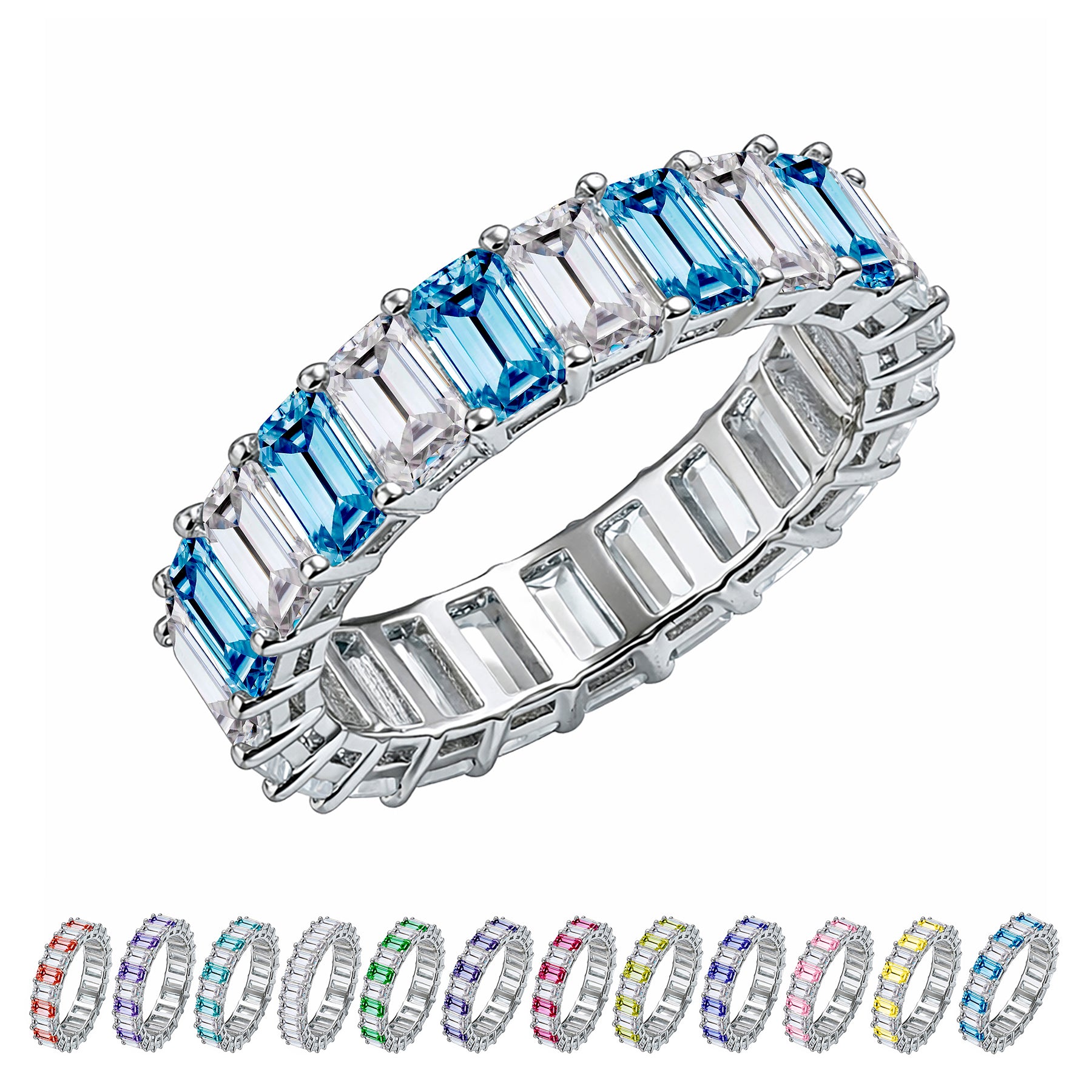 JeenMata 10 Carat Emerald Cut December Birthstone - Multicolor Eternity Wedding Band - Blue Topaz & Cubic Zirconia Rings in 18K White Gold Plating for Women