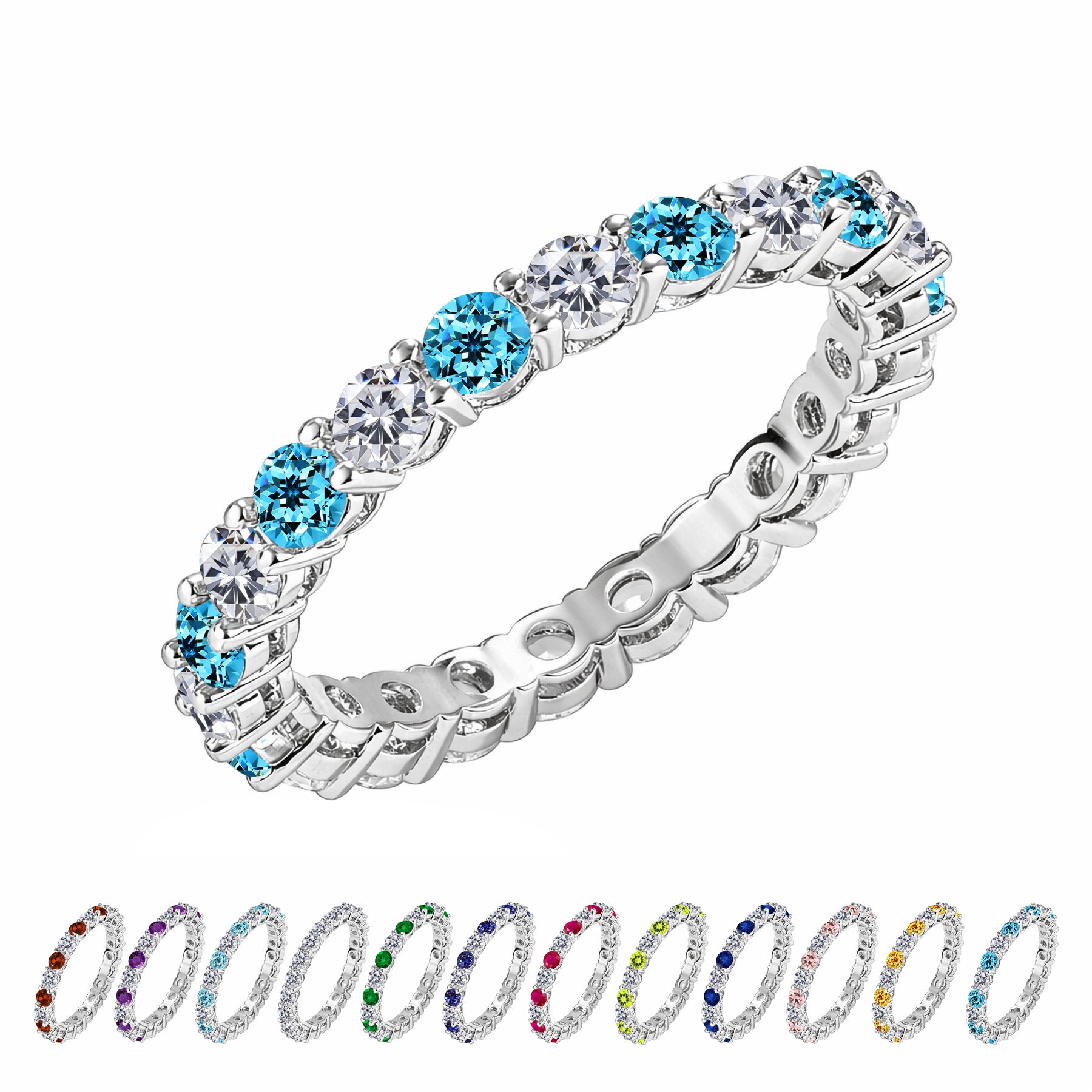 JeenMata 3.5 Carat Round Cut December Birthstone - Multicolor Eternity Wedding Band - Blue Topaz & Cubic Zirconia Rings in 18K White Gold Plating for Women