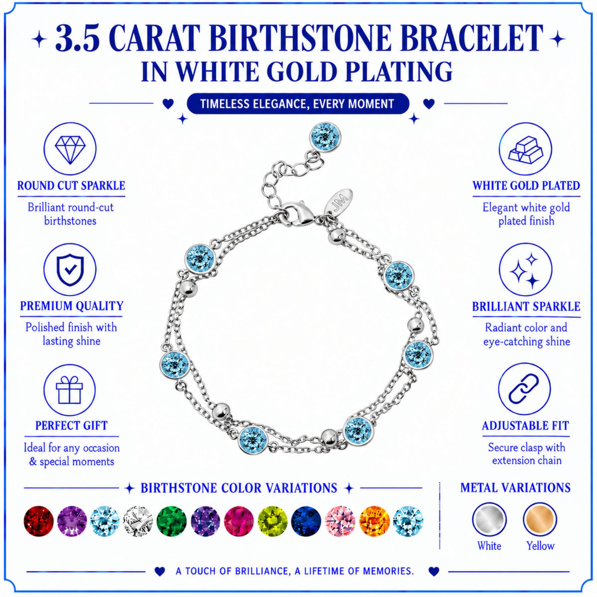 JeenMata 3.5 Carat December Blue Topaz Birthstone Double Layer Bracelet - in White Gold Plating for Women