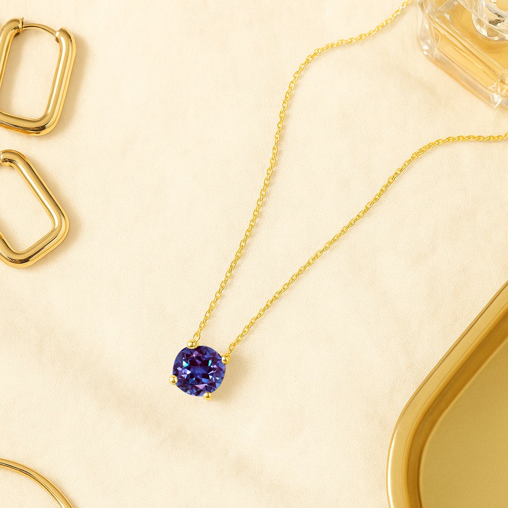 JeenMata 1.75 Carat Alexandrite - June Birthstone Solitaire Pendant Necklace in 18K Yellow Gold Plated, Female, Adult