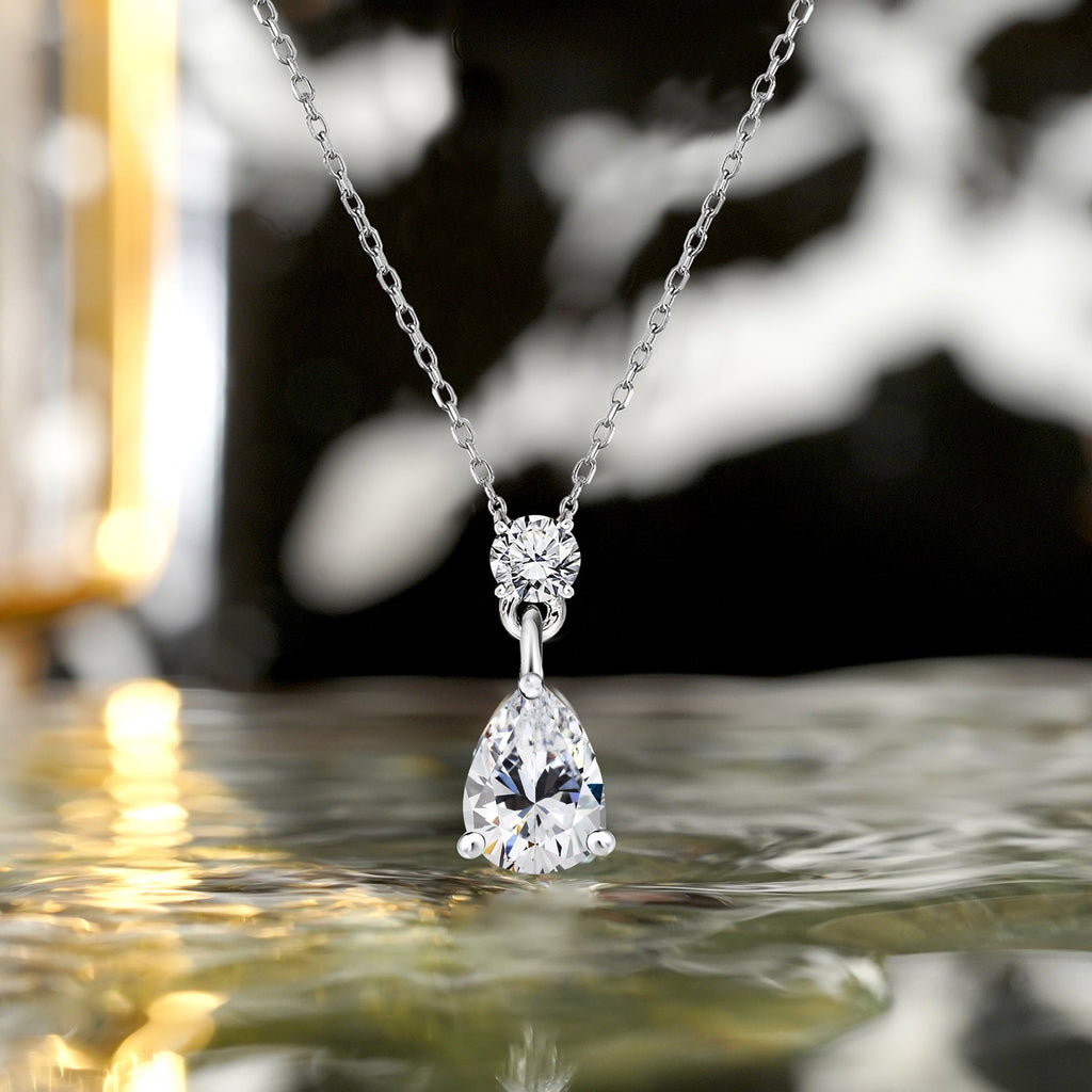 Classic 1.75 Carat Round and Pear Cut Dangle - SWAROVSKI Crystal - April Birthstone Pendant Necklace in 18k White Gold over Silver, Women