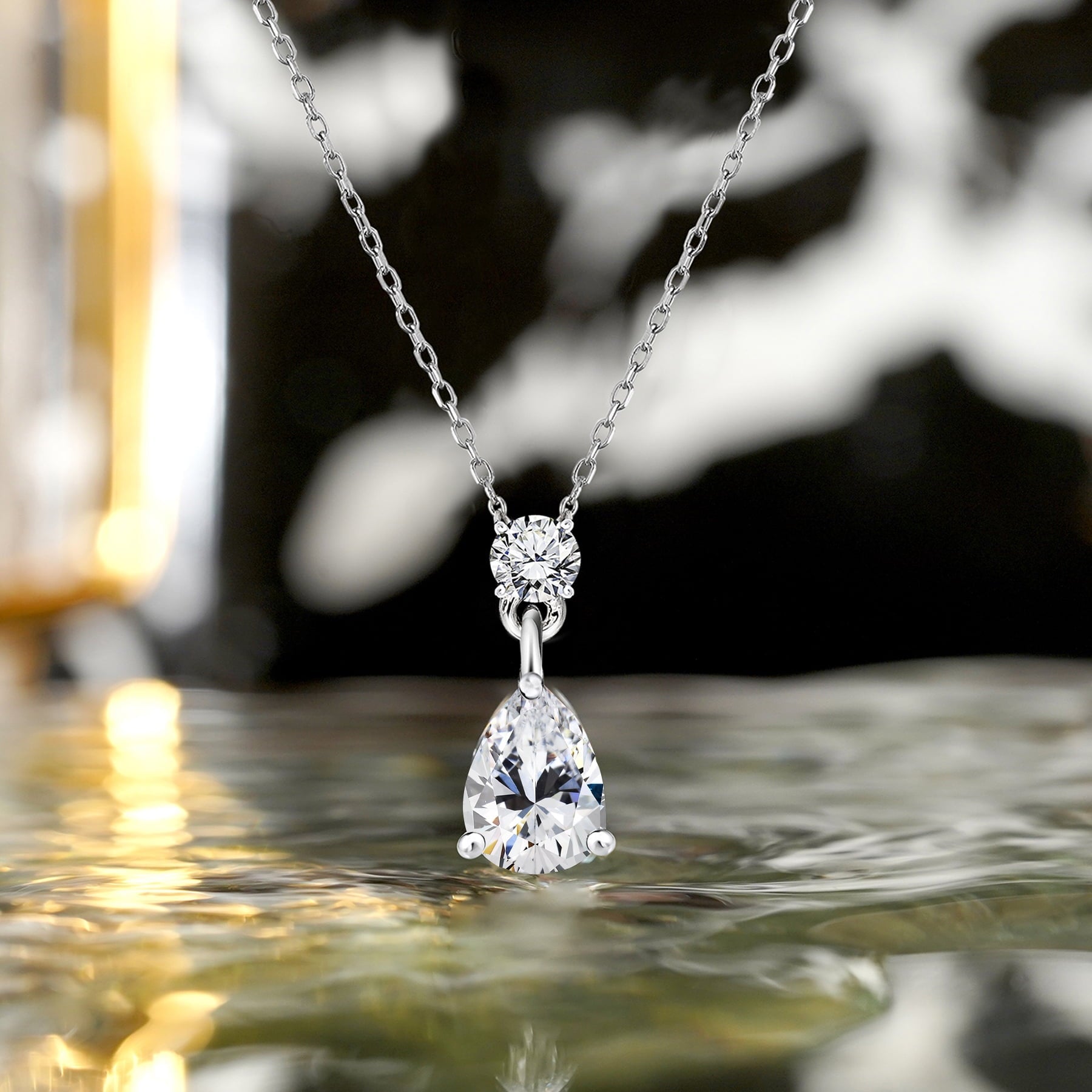 Classic 1.75 Carat Round and Pear Cut Dangle - SWAROVSKI Crystal - April Birthstone Pendant Necklace in 18k White Gold over Silver, Women