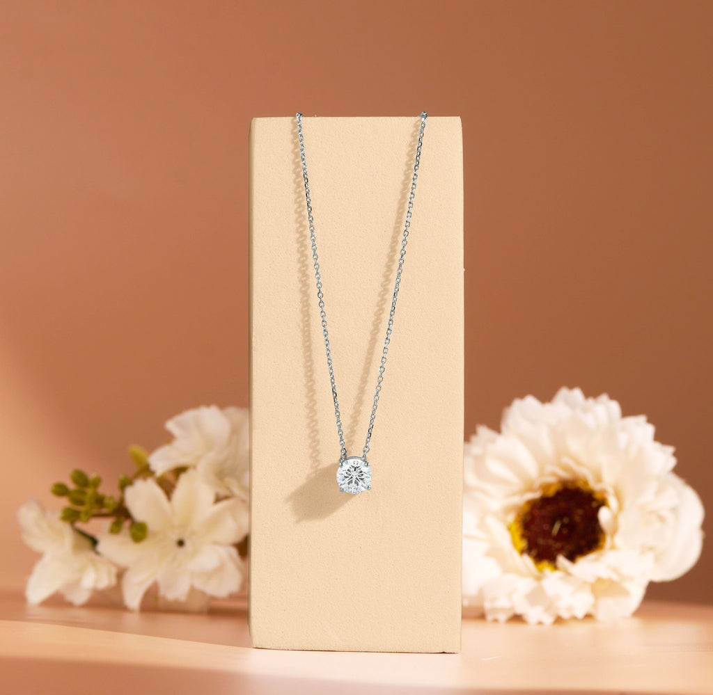 JeenMata 1 Carat Moissanite - April Birthstone Solitaire Pendant Necklace in 18K Yellow Gold over Silver, Female, Adult