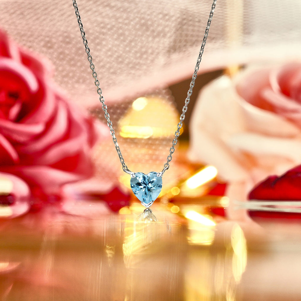 Gorgeous 1 Carat Heart Cut - SWAROVSKI Blue Topaz - December Birthstone Pendant Necklace in 18K White Gold Plating over Silver