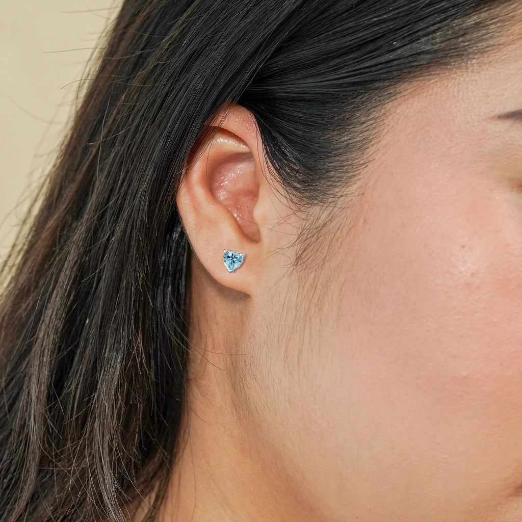 Gorgeous 1 Carat Heart Cut - Blue Topaz - December Birthstone Solitaire Stud Earrings in 18K White Gold Plating over Silver