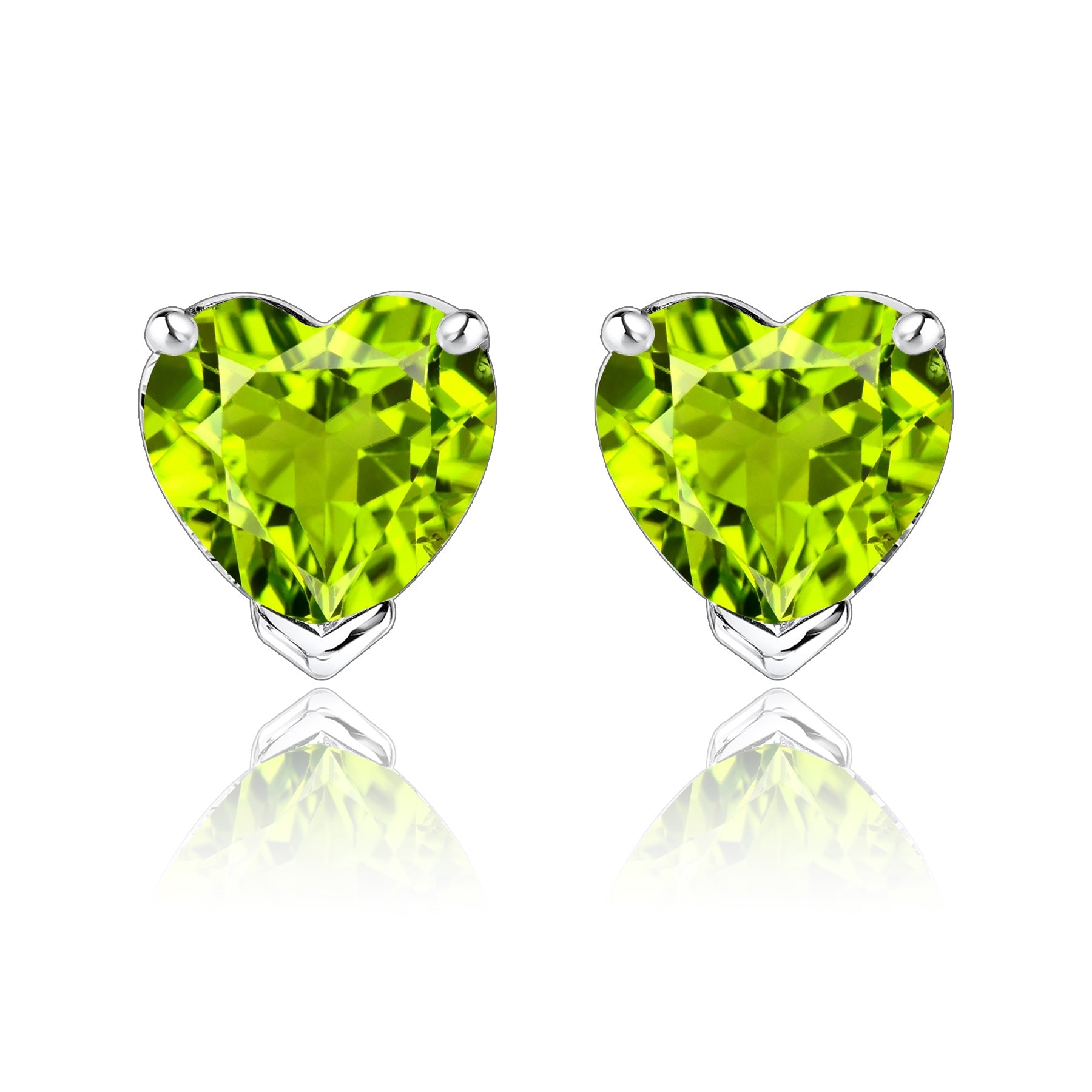 Gorgeous 1 Carat Heart Cut - Peridot - August Birthstone Solitaire Stud Earrings in 18K White Gold Plating over Silver