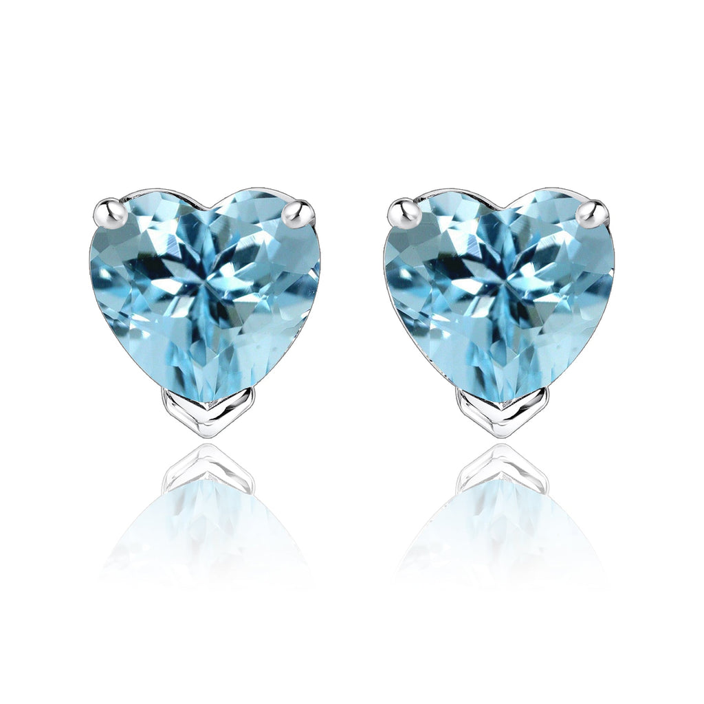 Gorgeous 1 Carat Heart Cut - Blue Topaz - December Birthstone Solitaire Stud Earrings in 18K White Gold Plating over Silver