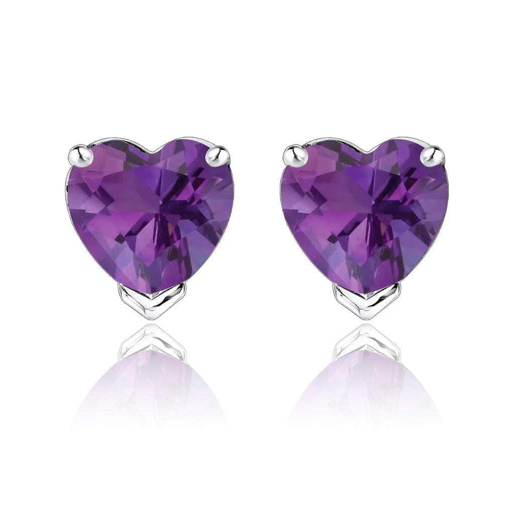 Gorgeous 1 Carat Heart Cut - Amethyst - February Birthstone Solitaire Stud Earrings in 18K White Gold Plating over Silver