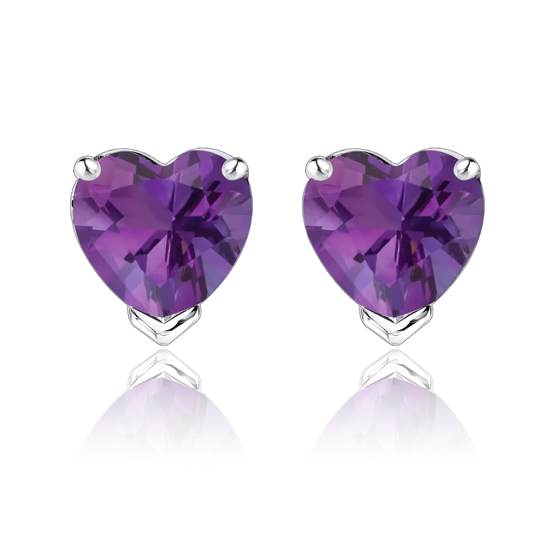 Gorgeous 1 Carat Heart Cut - Amethyst - February Birthstone Solitaire Stud Earrings in 18K White Gold Plating over Silver