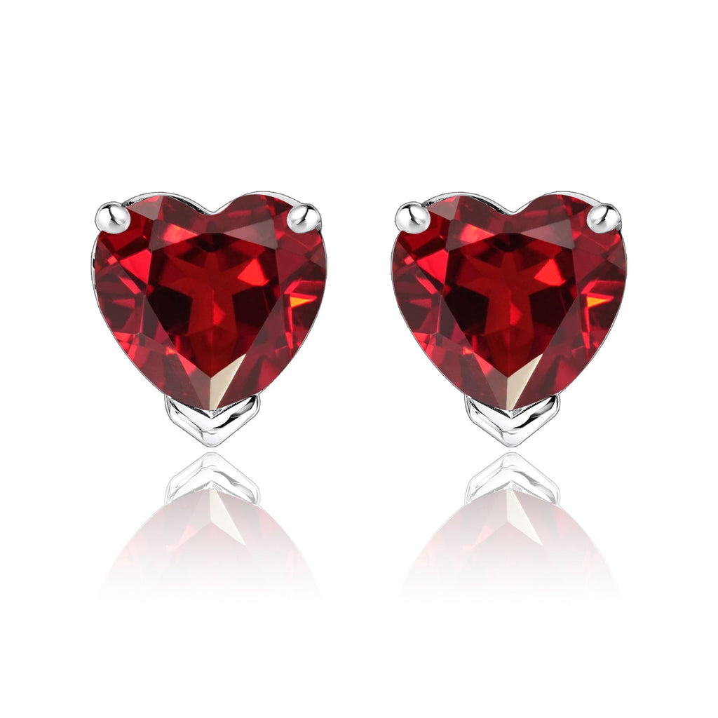 Gorgeous 1 Carat Heart Cut - Garnet - January Birthstone Solitaire Stud Earrings in 18K White Gold Plating over Silver