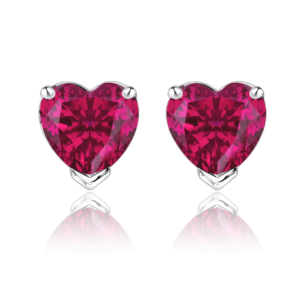 Gorgeous 1 Carat Heart Cut - Ruby - July Birthstone Solitaire Stud Earrings in 18K White Gold Plating over Silver