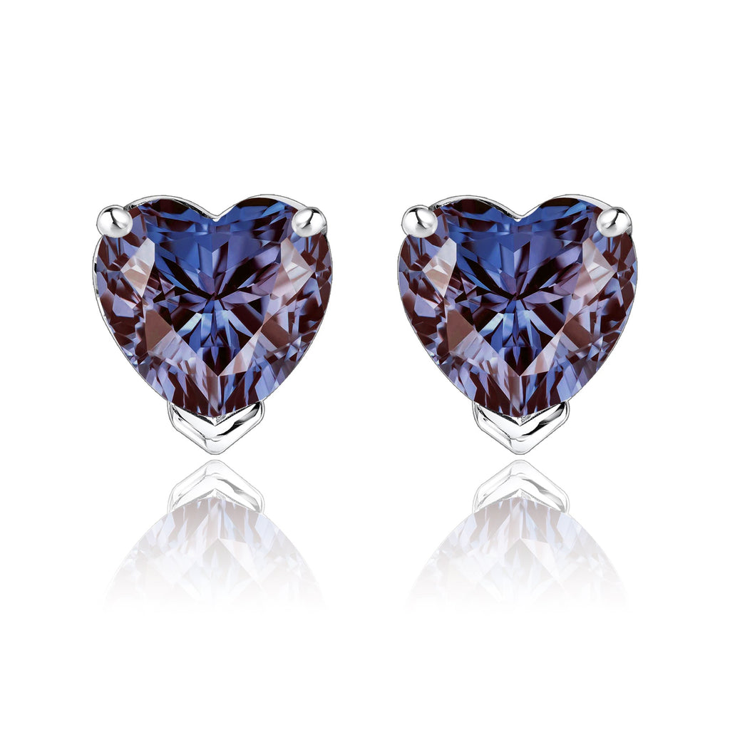Gorgeous 1 Carat Heart Cut - Alexandrite - June Birthstone Solitaire Stud Earrings in 18K White Gold Plating over Silver