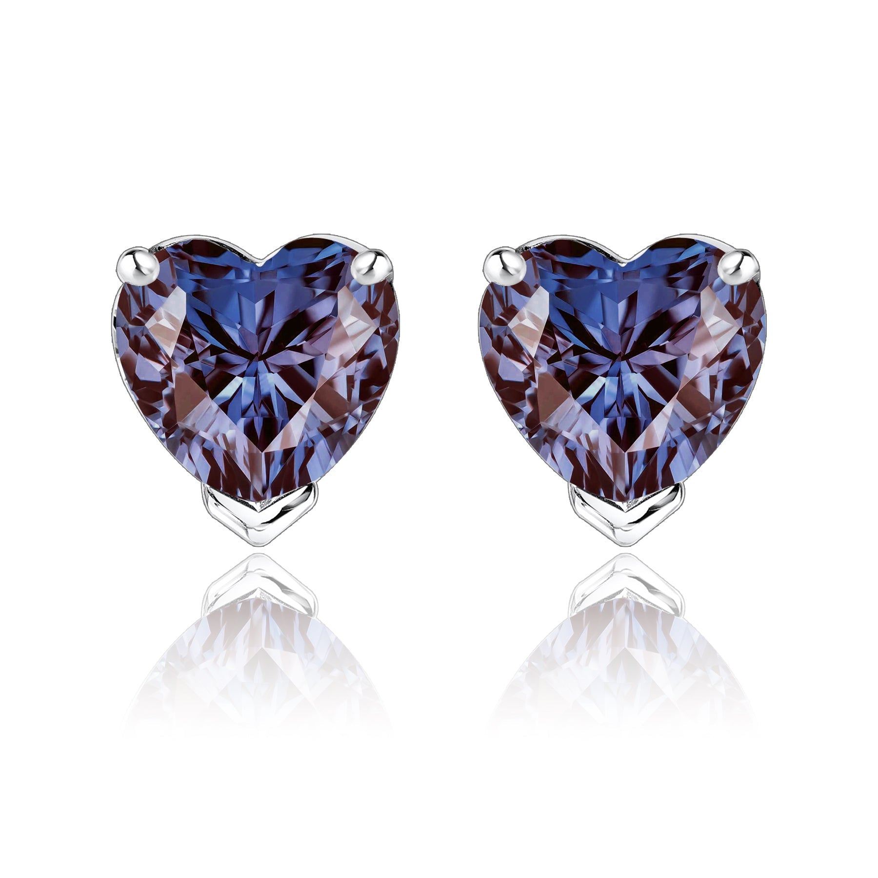 Gorgeous 1 Carat Heart Cut - Alexandrite - June Birthstone Solitaire Stud Earrings in 18K White Gold Plating over Silver