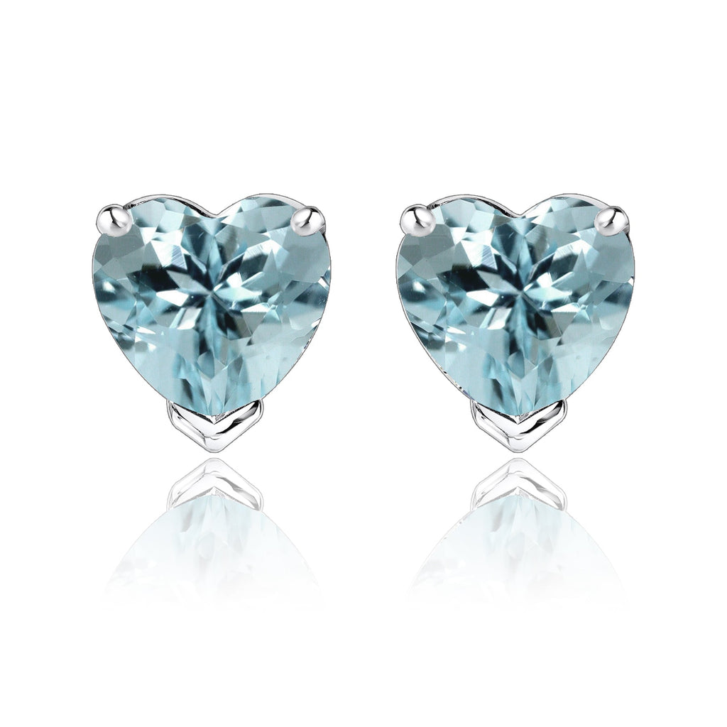 Gorgeous 1 Carat Heart Cut - Aquamarine - March Birthstone Solitaire Stud Earrings in 18K White Gold Plating over Silver