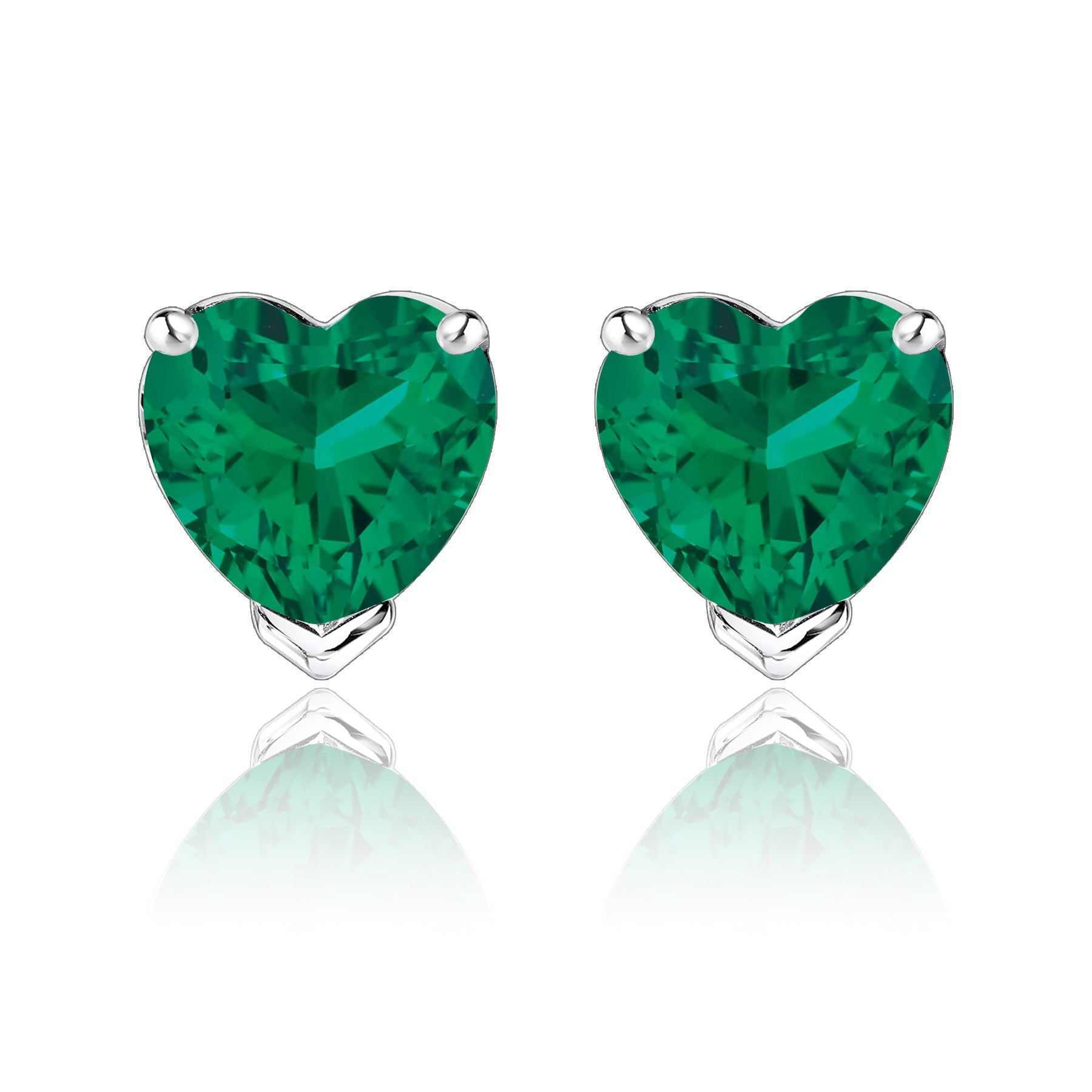 Gorgeous 1 Carat Heart Cut - Emerald - May Birthstone Solitaire Stud Earrings in 18K White Gold Plating over Silver