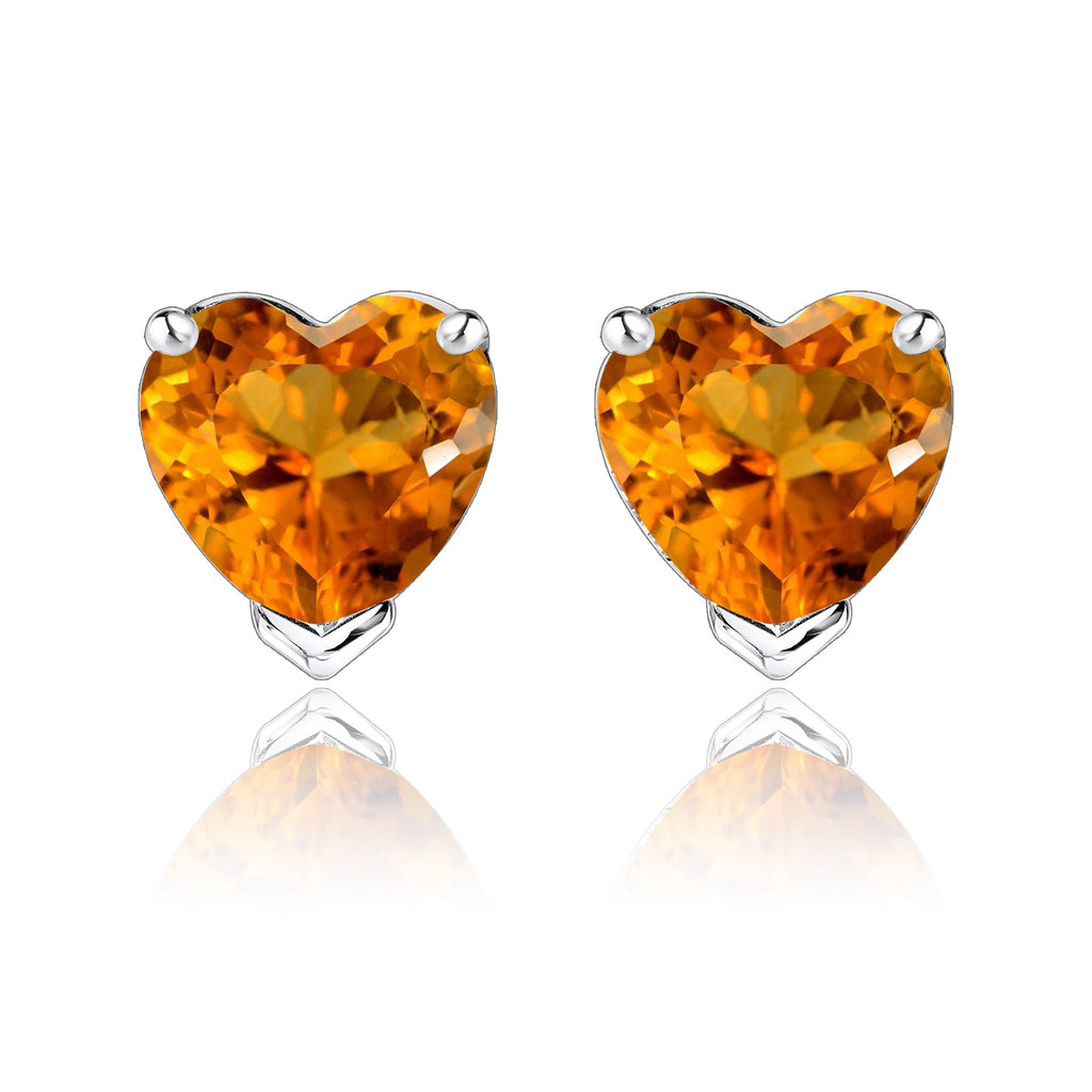 Gorgeous 1 Carat Heart Cut - Citrine - November Birthstone Solitaire Stud Earrings in 18K White Gold Plating over Silver