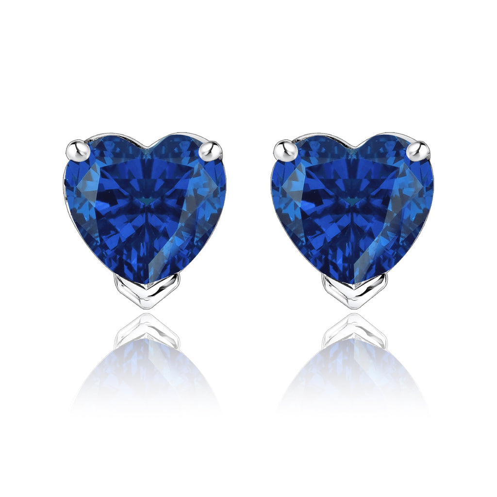 Gorgeous 1 Carat Heart Cut - Blue Sapphire - September Birthstone Solitaire Stud Earrings in 18K White Gold Plating over Silver