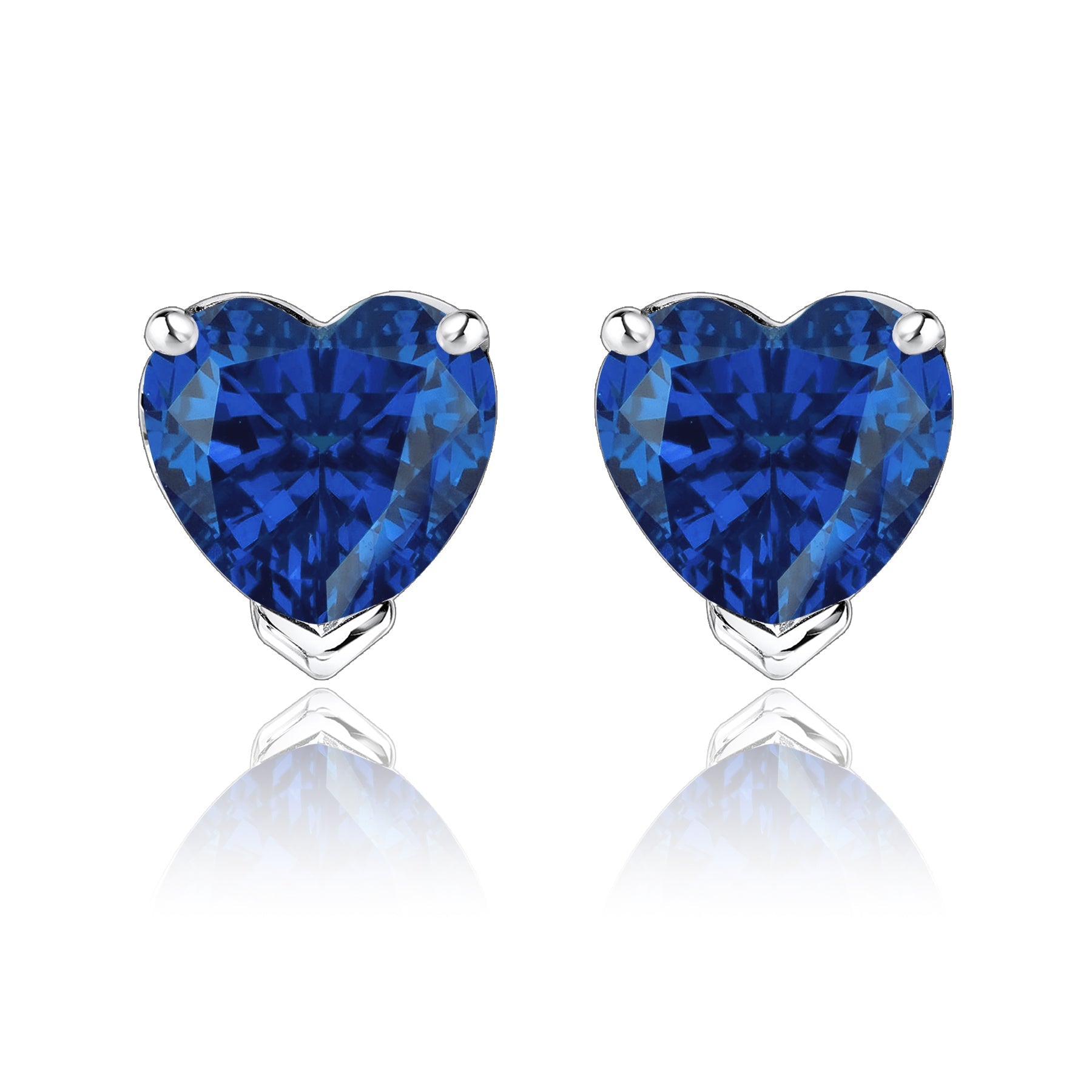 Gorgeous 1 Carat Heart Cut - Blue Sapphire - September Birthstone Solitaire Stud Earrings in 18K White Gold Plating over Silver