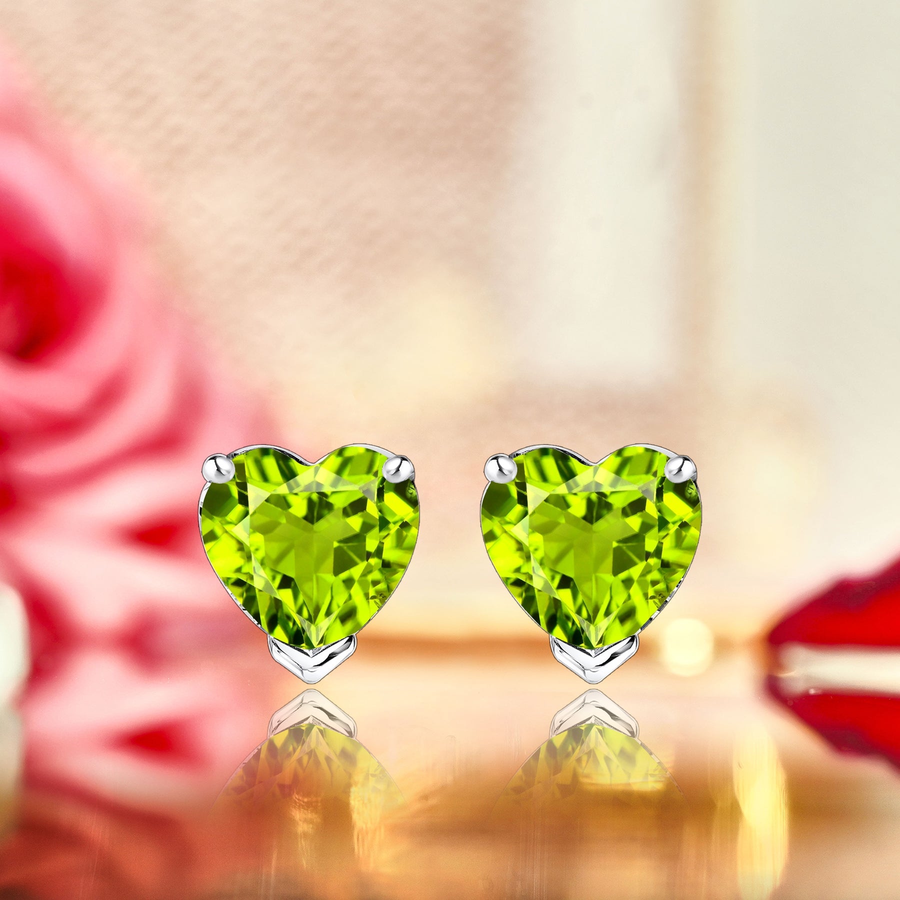 Gorgeous 1 Carat Heart Cut - Peridot - August Birthstone Solitaire Stud Earrings in 18K White Gold Plating over Silver