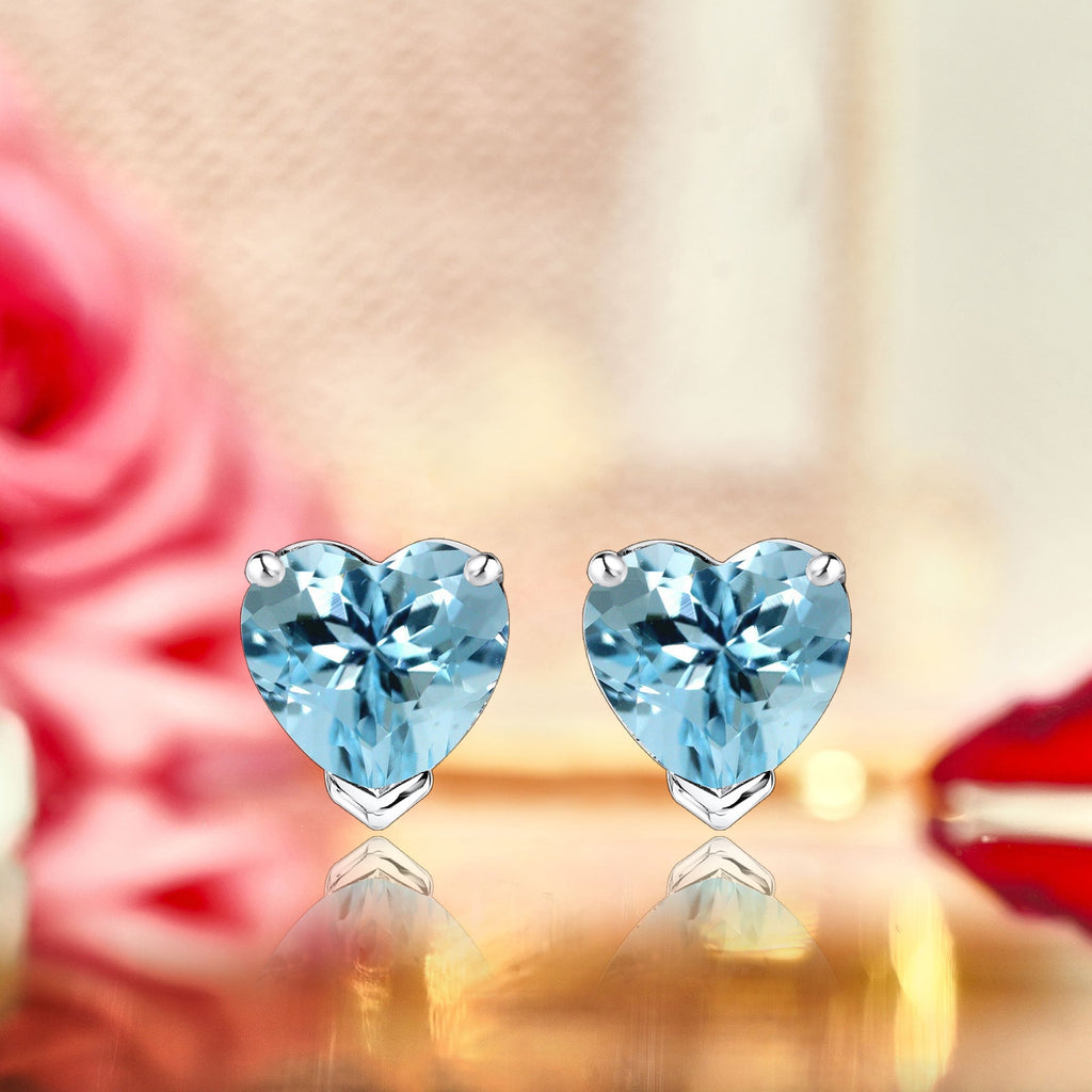 Gorgeous 1 Carat Heart Cut - Blue Topaz - December Birthstone Solitaire Stud Earrings in 18K White Gold Plating over Silver