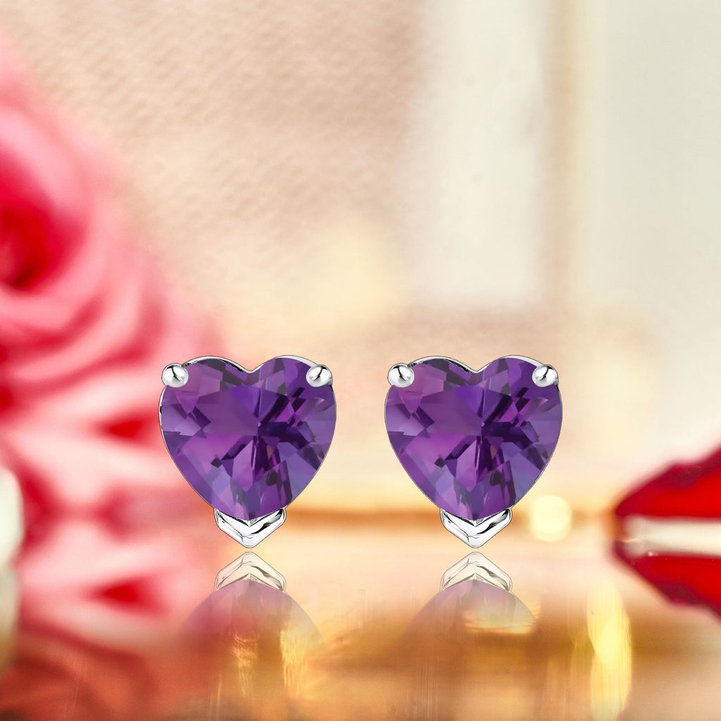 Gorgeous 1 Carat Heart Cut - Amethyst - February Birthstone Solitaire Stud Earrings in 18K White Gold Plating over Silver