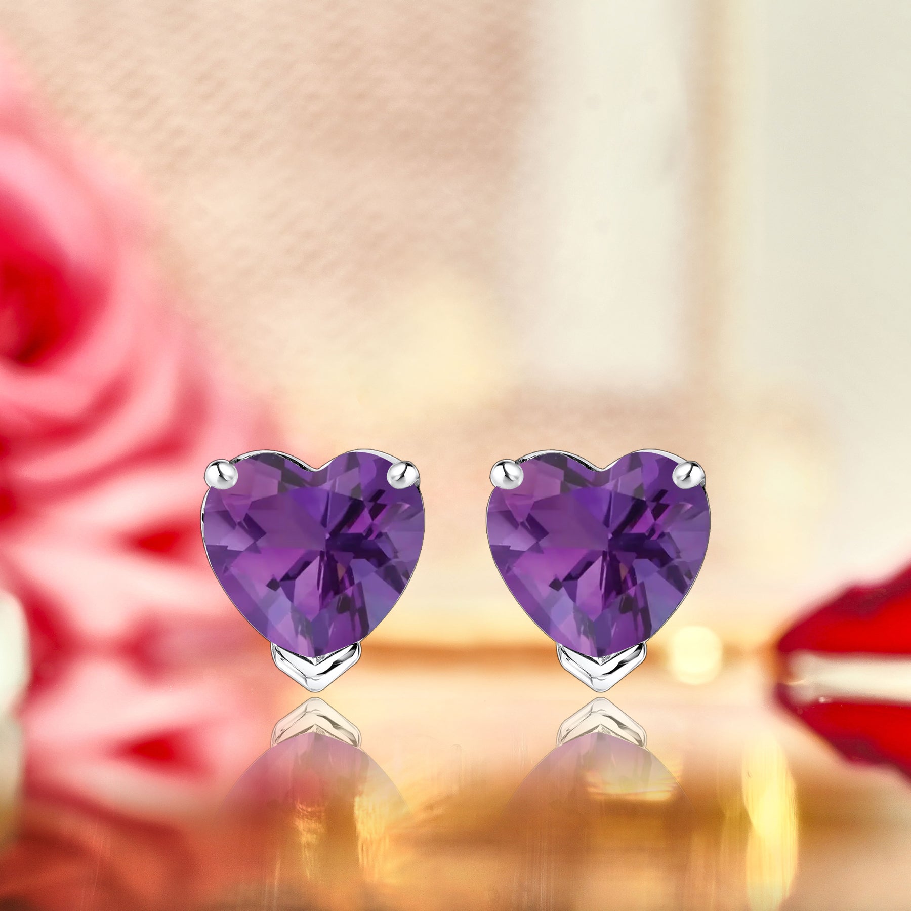 Gorgeous 1 Carat Heart Cut - Amethyst - February Birthstone Solitaire Stud Earrings in 18K White Gold Plating over Silver