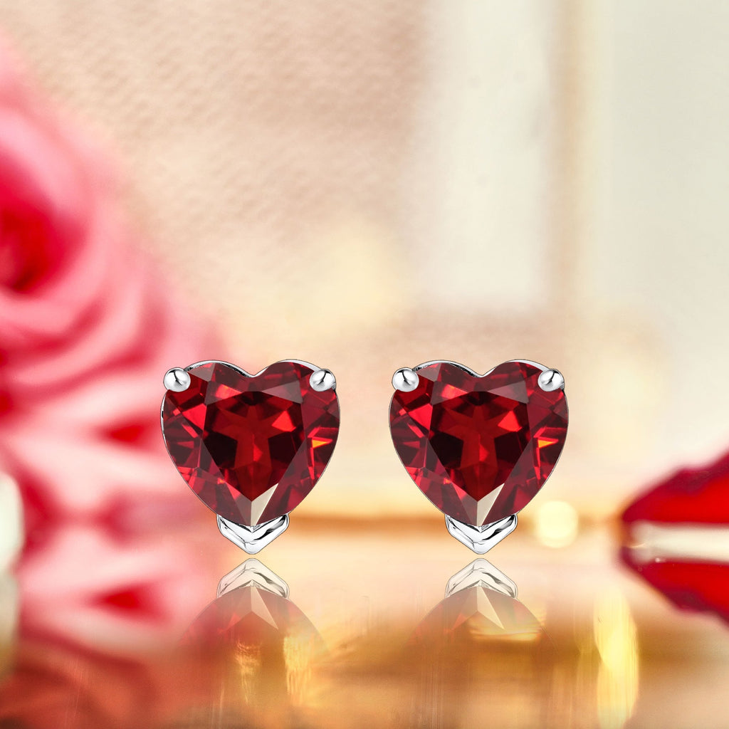 Gorgeous 1 Carat Heart Cut - Garnet - January Birthstone Solitaire Stud Earrings in 18K White Gold Plating over Silver