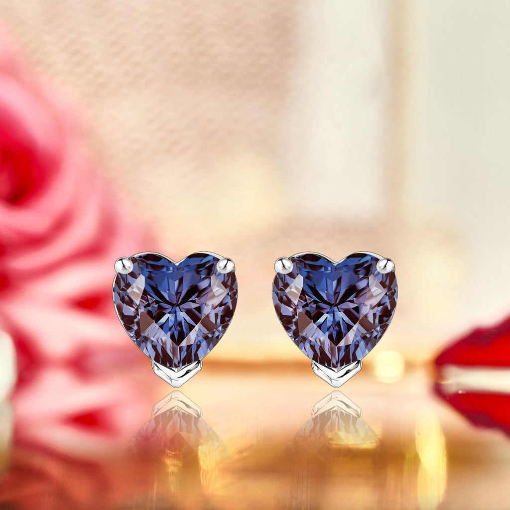 Gorgeous 1 Carat Heart Cut - Alexandrite - June Birthstone Solitaire Stud Earrings in 18K White Gold Plating over Silver