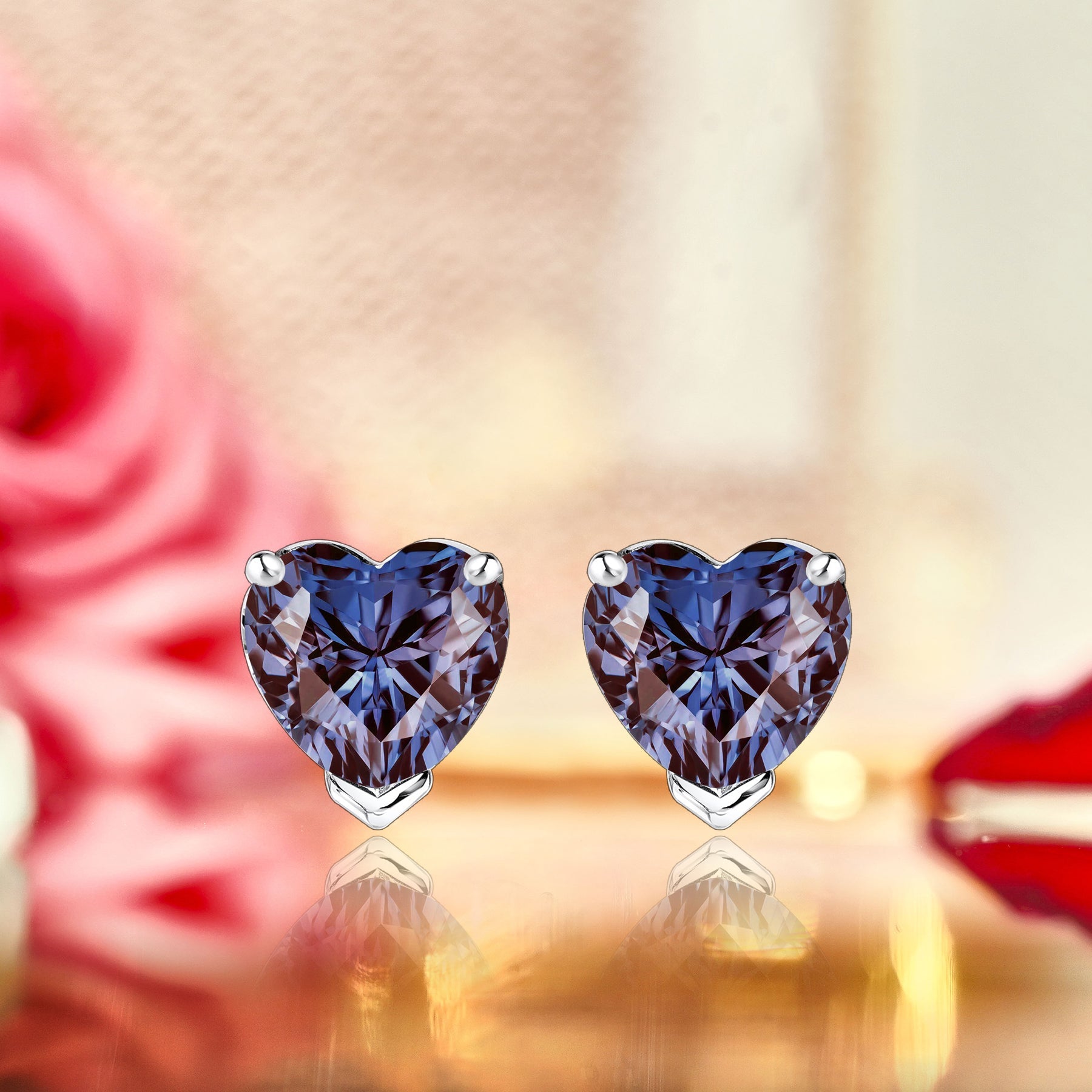 Gorgeous 1 Carat Heart Cut - Alexandrite - June Birthstone Solitaire Stud Earrings in 18K White Gold Plating over Silver