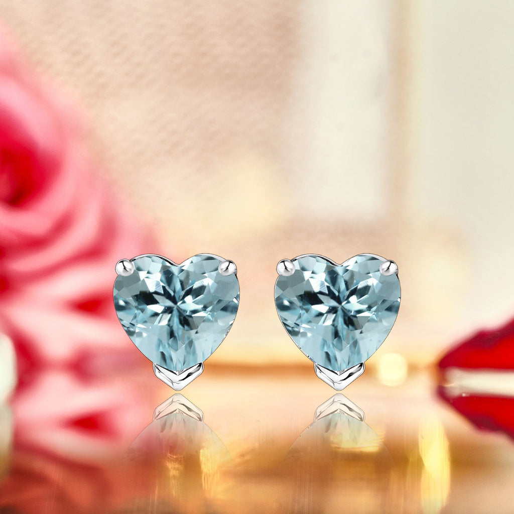 Gorgeous 1 Carat Heart Cut - Aquamarine - March Birthstone Solitaire Stud Earrings in 18K White Gold Plating over Silver