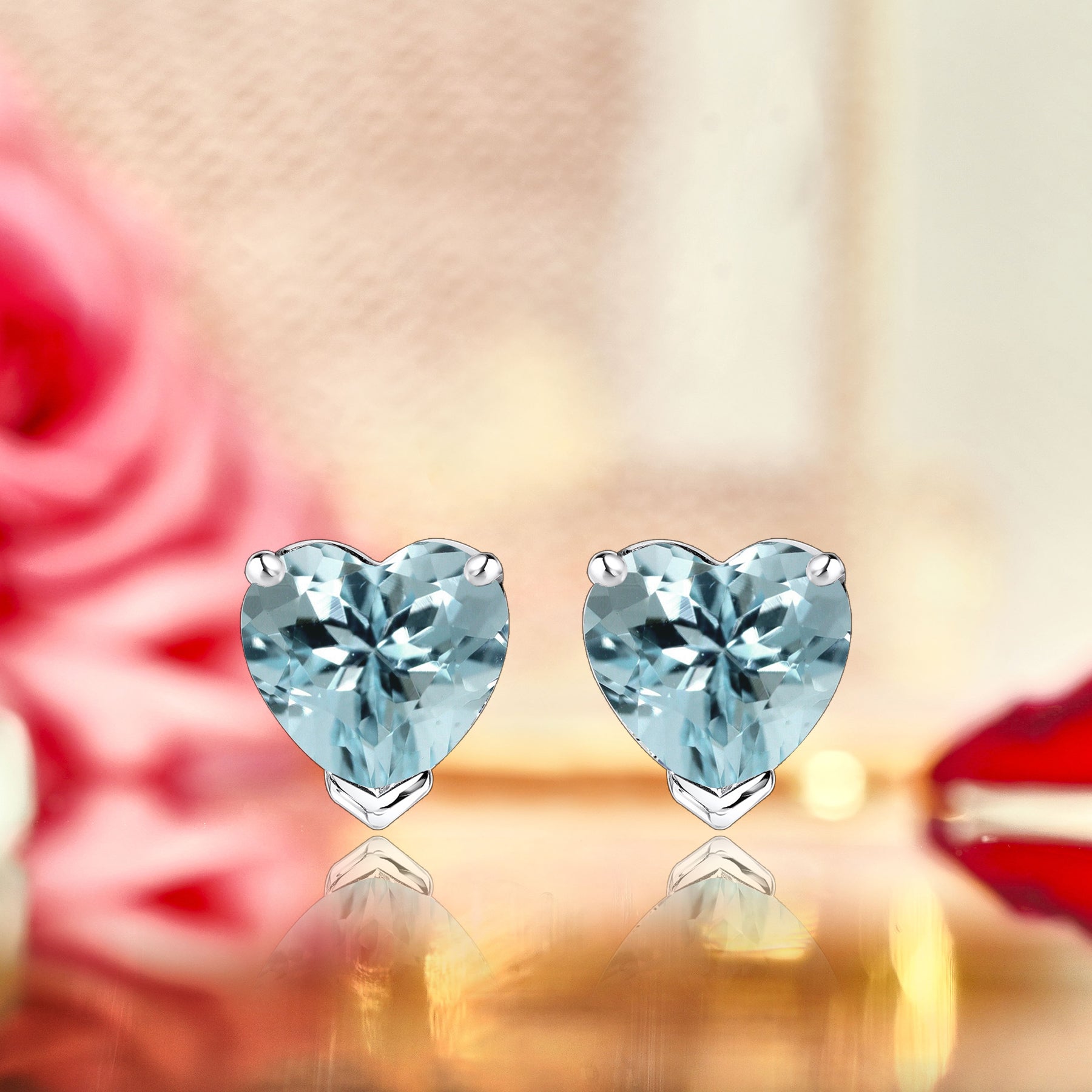 Gorgeous 1 Carat Heart Cut - Aquamarine - March Birthstone Solitaire Stud Earrings in 18K White Gold Plating over Silver