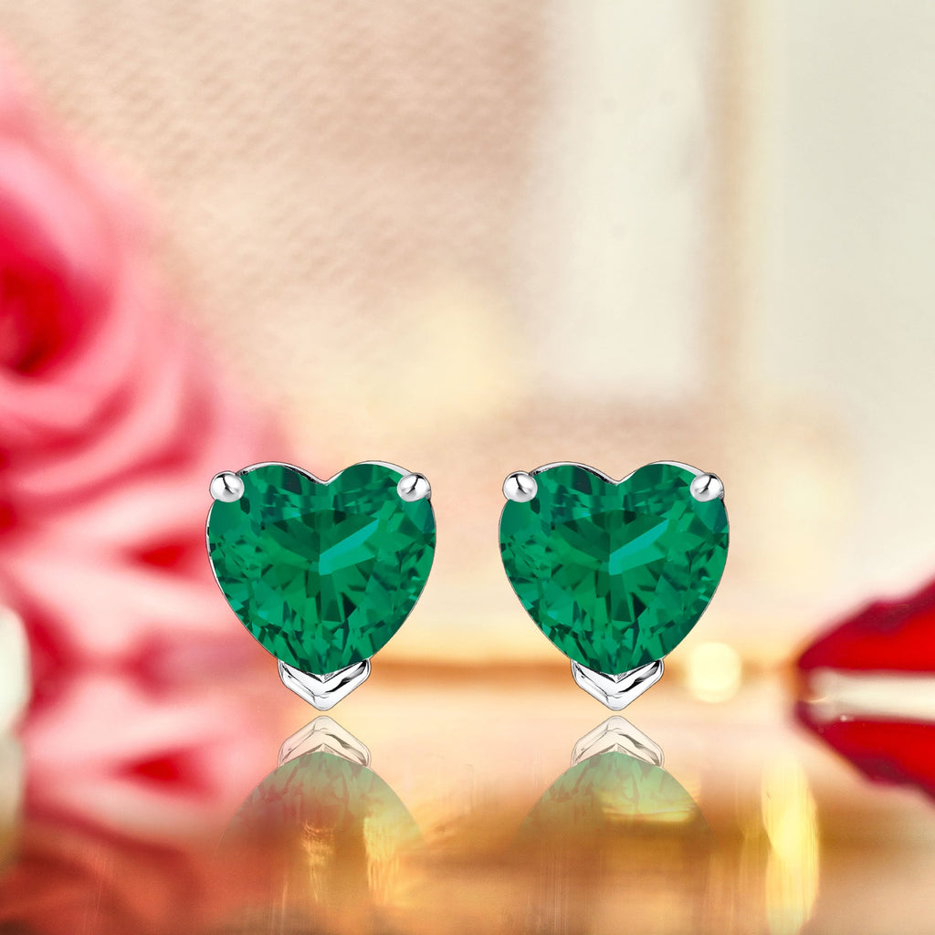 Gorgeous 1 Carat Heart Cut - Emerald - May Birthstone Solitaire Stud Earrings in 18K White Gold Plating over Silver