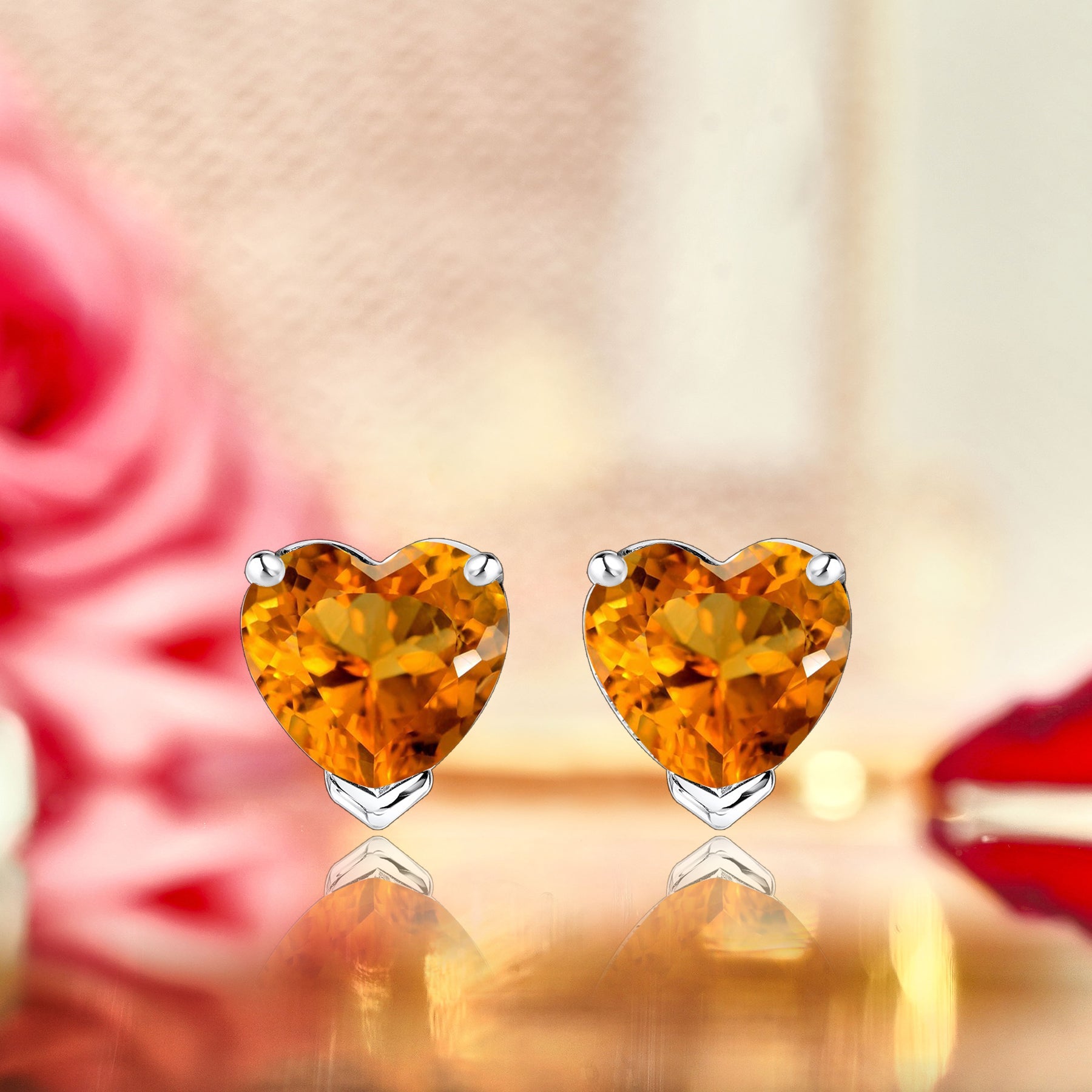Gorgeous 1 Carat Heart Cut - Citrine - November Birthstone Solitaire Stud Earrings in 18K White Gold Plating over Silver