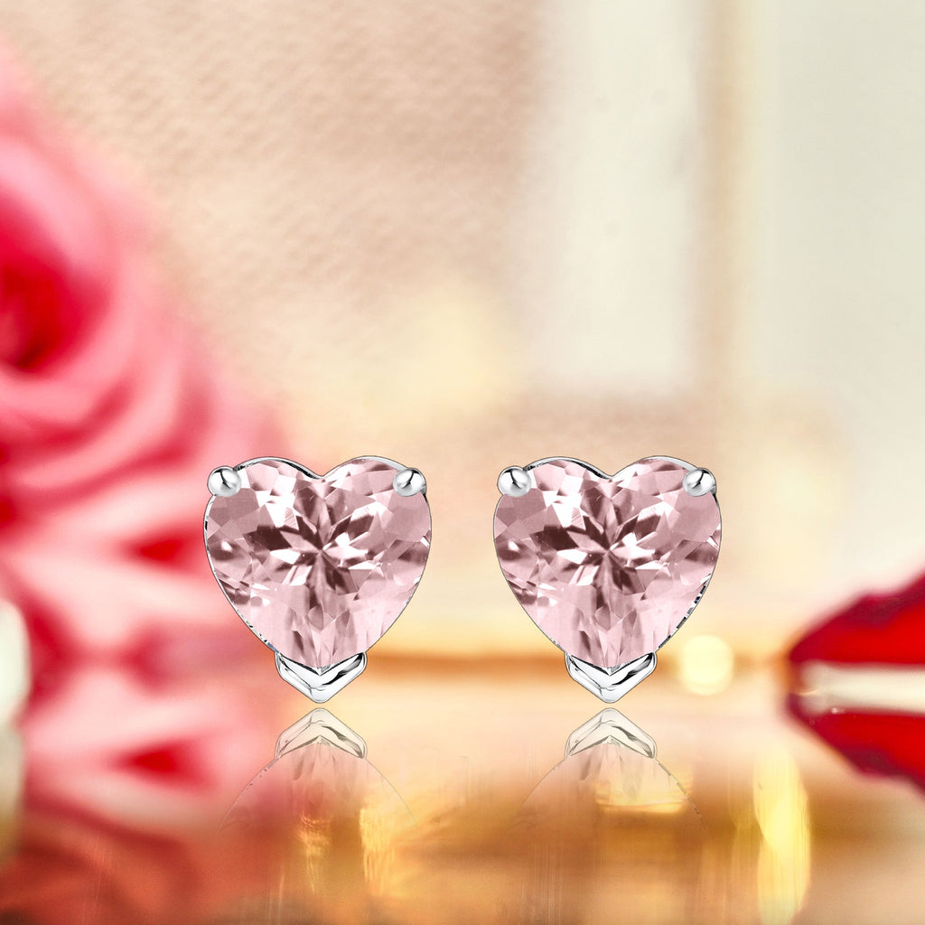 Gorgeous 1 Carat Heart Cut - Pink Tourmaline - October Birthstone Solitaire Stud Earrings in 18K White Gold Plating over Silver