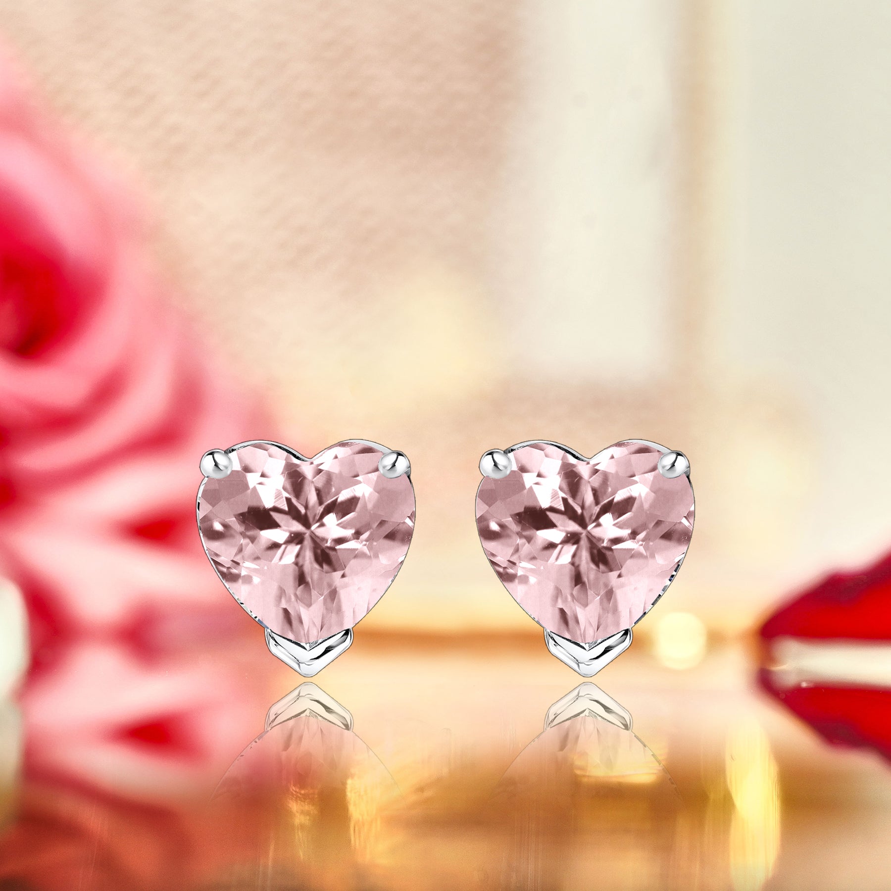 Gorgeous 1 Carat Heart Cut - Pink Tourmaline - October Birthstone Solitaire Stud Earrings in 18K White Gold Plating over Silver