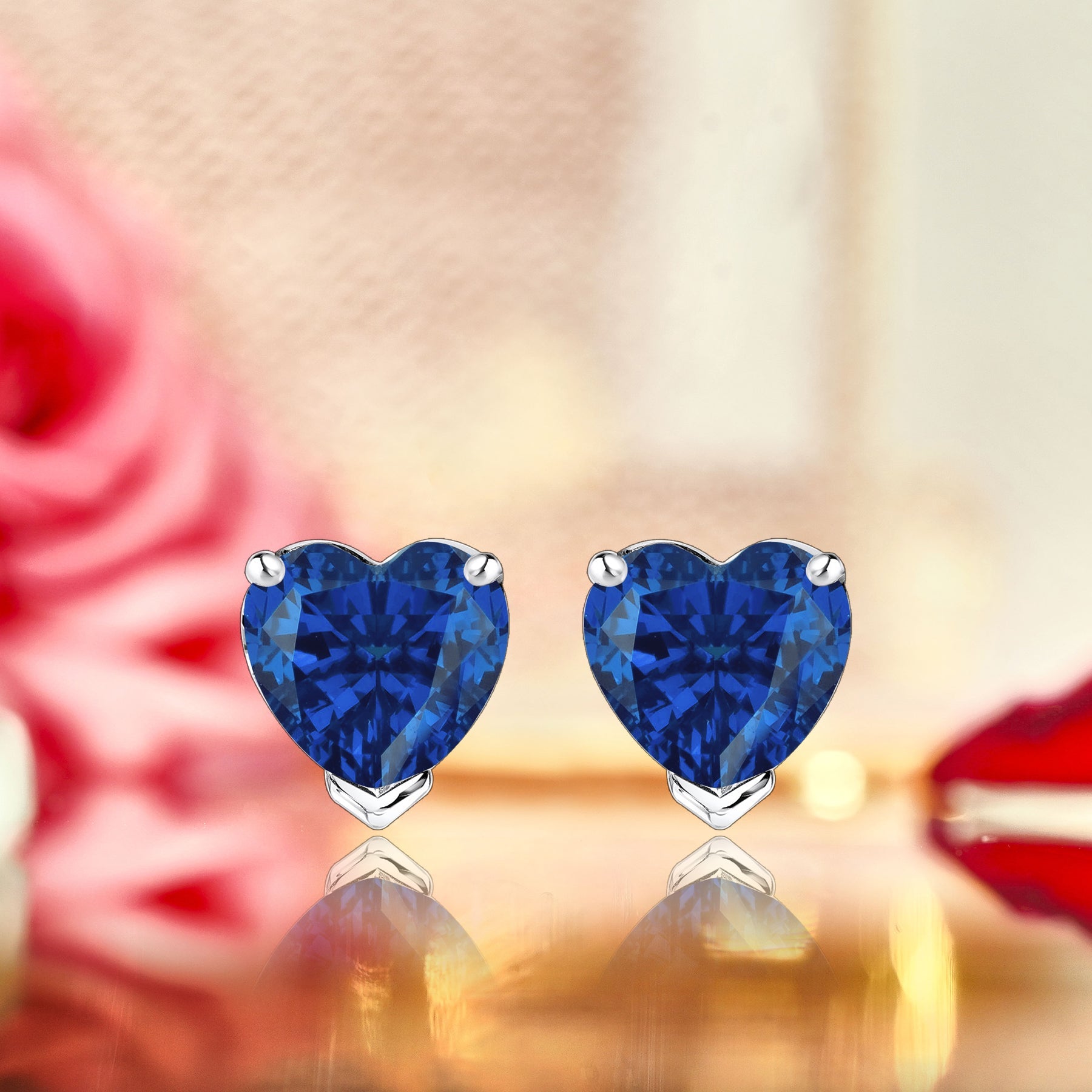 Gorgeous 1 Carat Heart Cut - Blue Sapphire - September Birthstone Solitaire Stud Earrings in 18K White Gold Plating over Silver