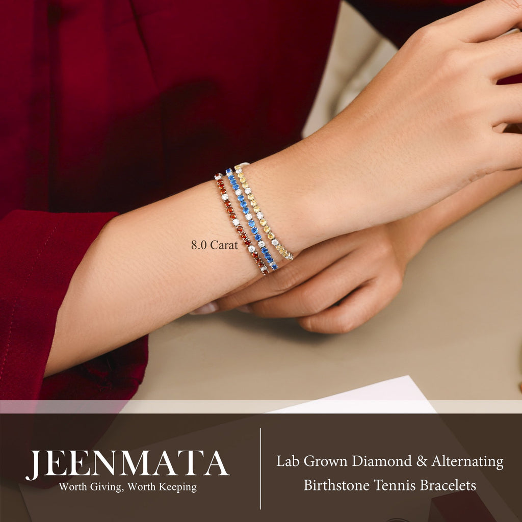 JeenMata 8 Carat Lab Grown Diamond & Garnet Alternating Birthstone Tennis Bracelets - 18K White Gold Plating for Women Eternity Design Bracelet