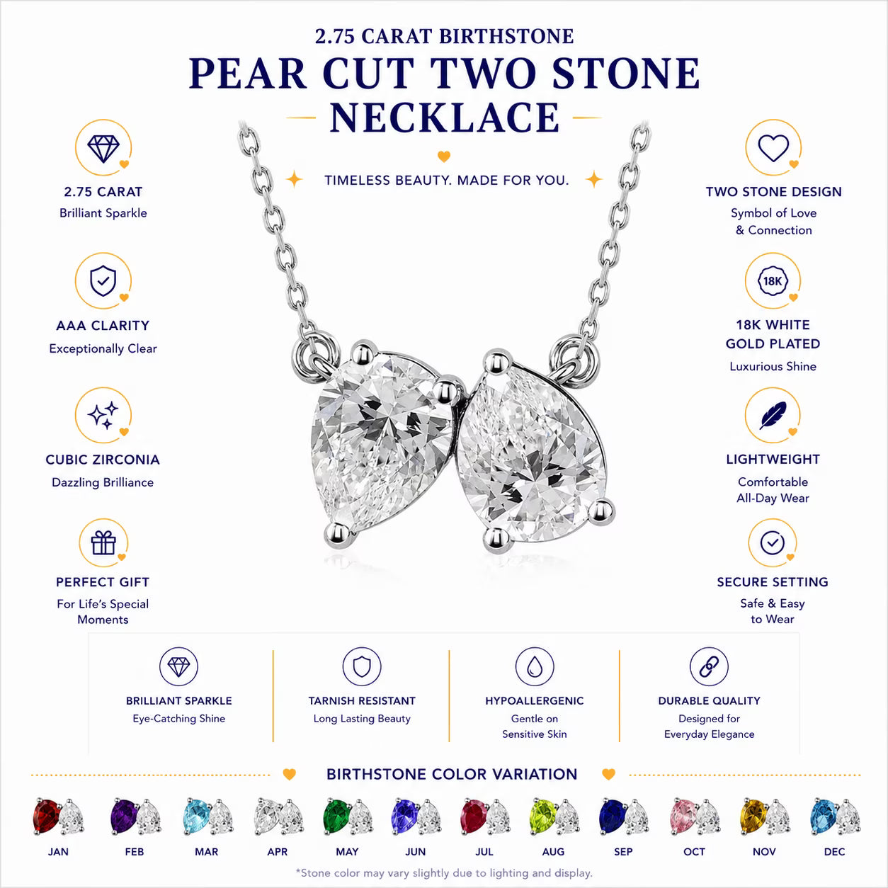 JeenMata 2.75 Carat February Birthstone Necklace - Pear Cut Two Stone Amethyst & Cubic Zirconia Necklaces in 18K White Gold Plating Gift for Women, Mother, Her