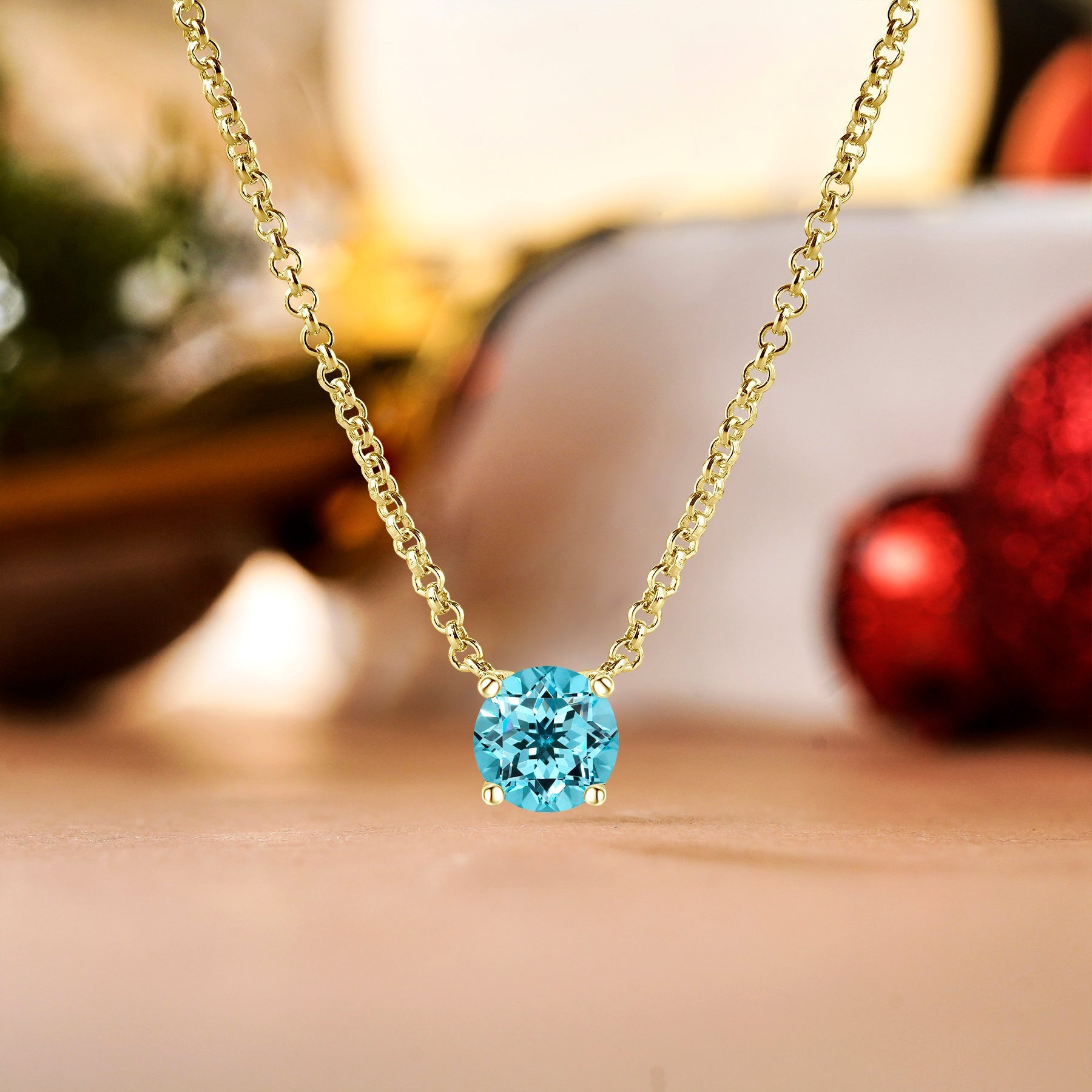 JeenMata 1 Carat Blue Topaz - December Birthstone Solitaire Pendant Necklace in 18K Yellow Gold Plated, Female, Adult