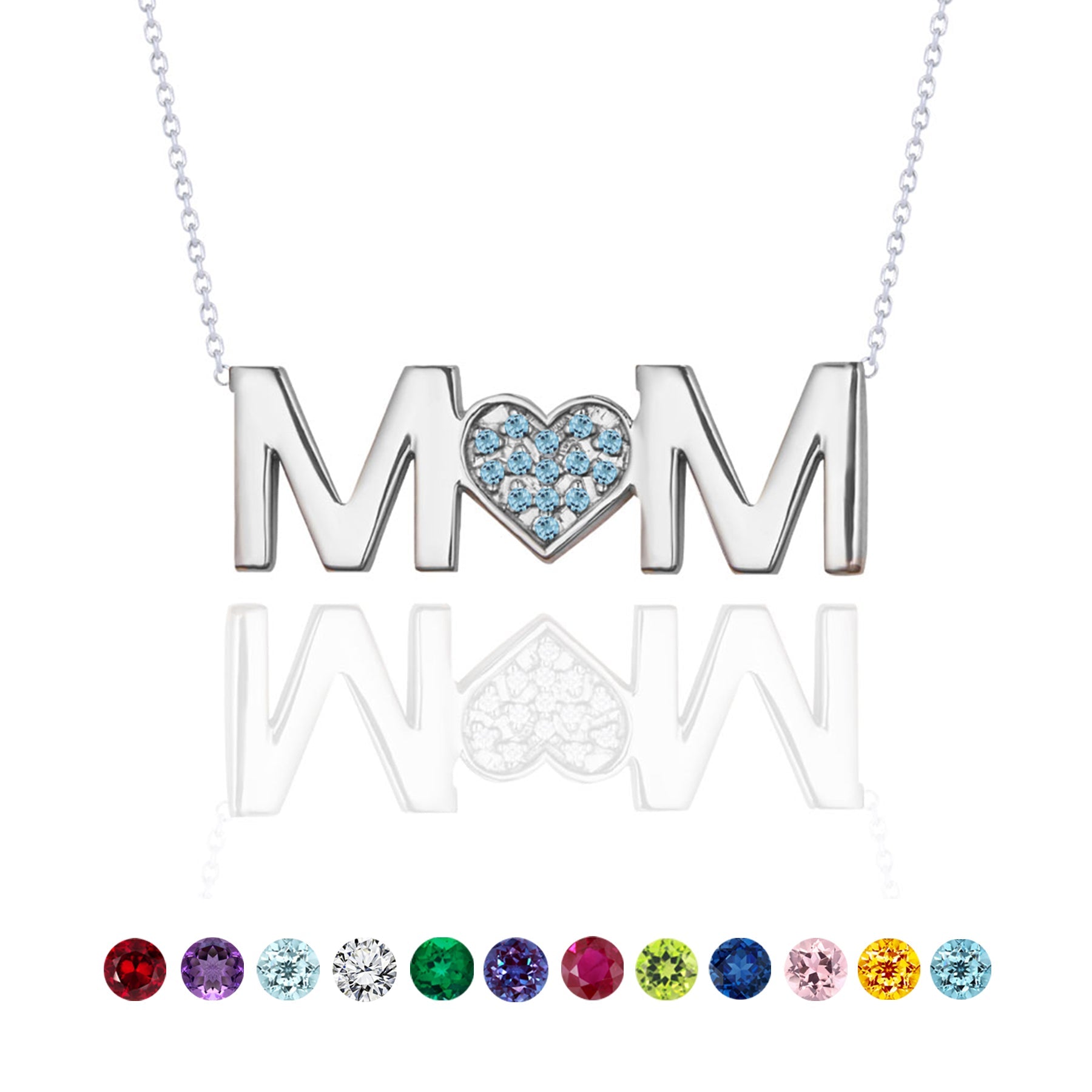 MOM Pendant Necklace - Light Blue Stone - December Birthstone in 18K White Gold over Sterling Silver