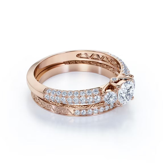JeenMata 1.75 ct - Round Real 3 Stone Diamond - Past Present Future Ring - Victorian - Vintage Wedding Ring Set - 10K White Gold