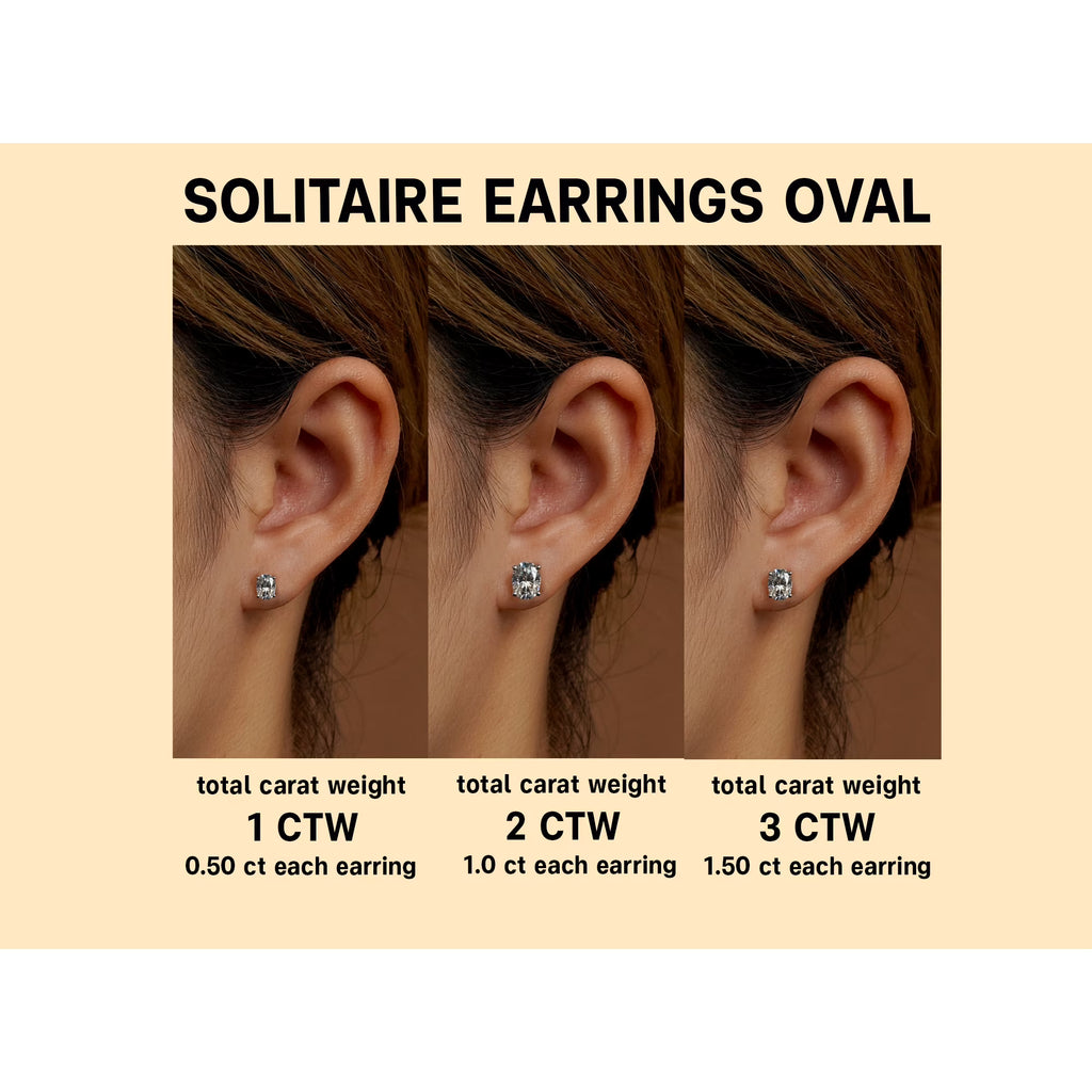 JeenMata 1 Carat Oval Cut Moissanite Solitaire Stud Earrings - 4 Prong - 18K White Gold Plating Over Silver