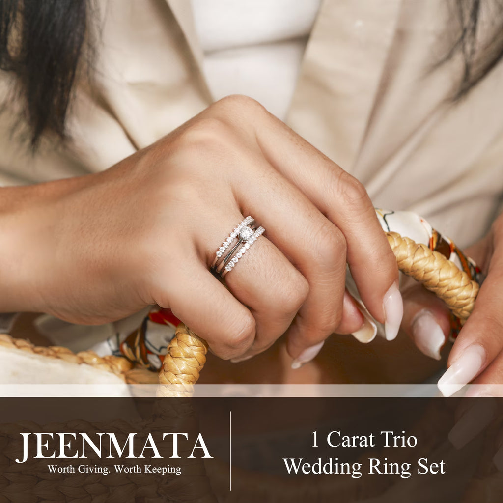 JeenMata 1 Carat Lab Grown Diamond Round Cut Trio Wedding Set - Solitaire Engagement Rings Set with Double Band in 18K White Gold Plating for Women's Ring Jewelry
